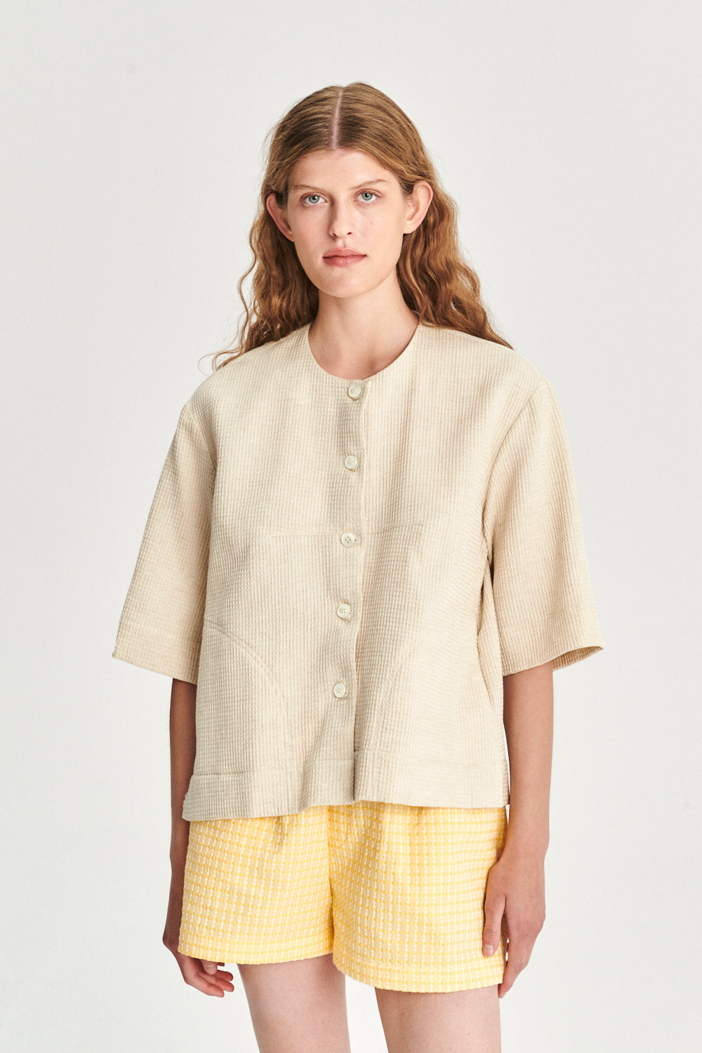 Collarless Relaxed Jacket Shirt in a Light Beige Structural Waffled Japanese Cotton and Linen
