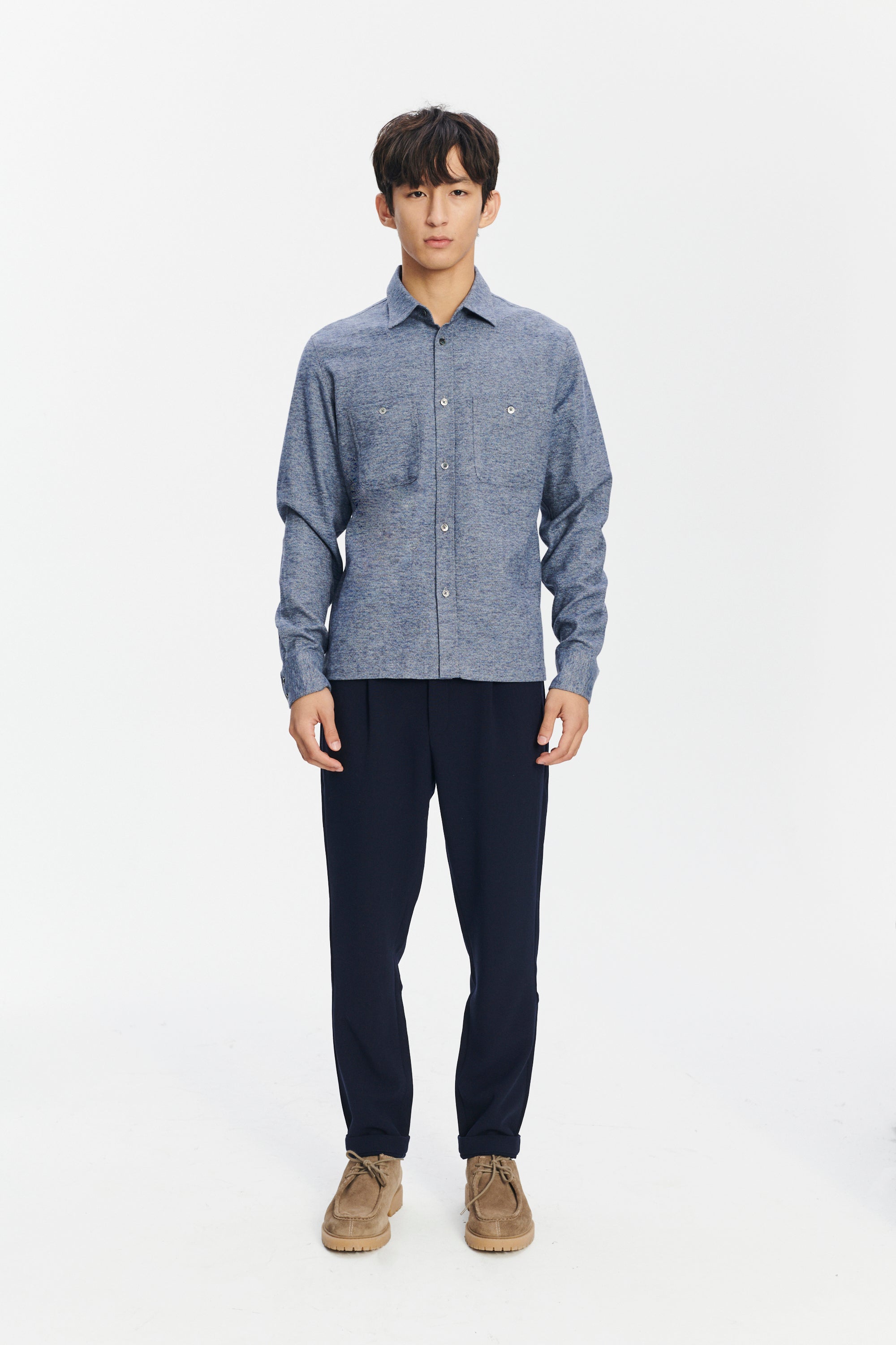 Carpenter Shirt in a Fine Blue Melange  Italian Cotton Flannel by Albini