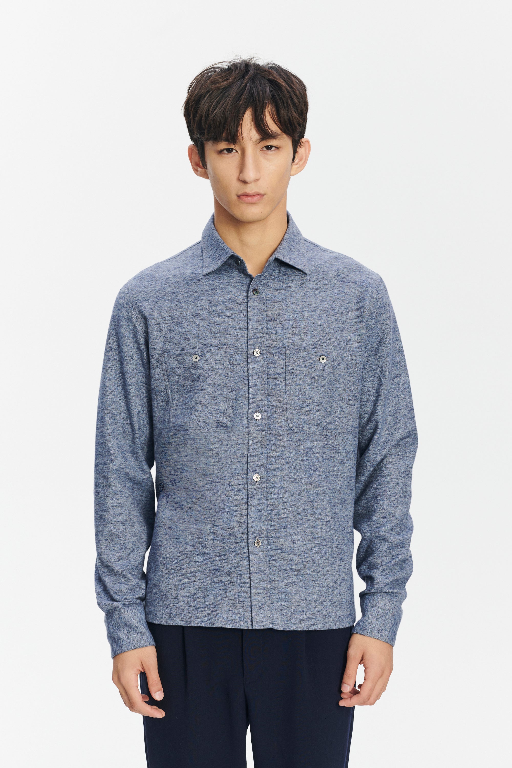 Carpenter Shirt in a Fine Blue Melange  Italian Cotton Flannel by Albini