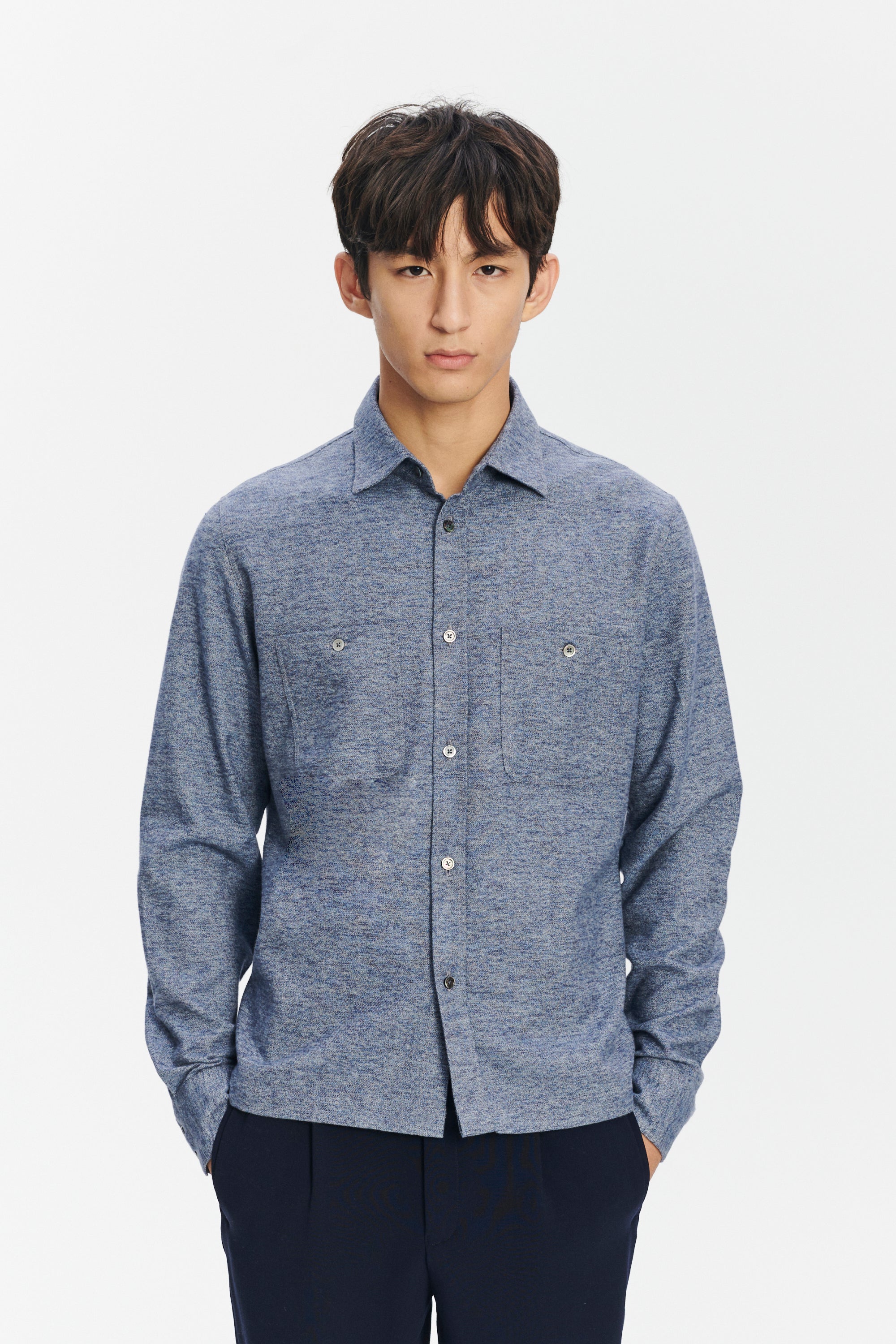 Carpenter Shirt in a Fine Blue Melange  Italian Cotton Flannel by Albini