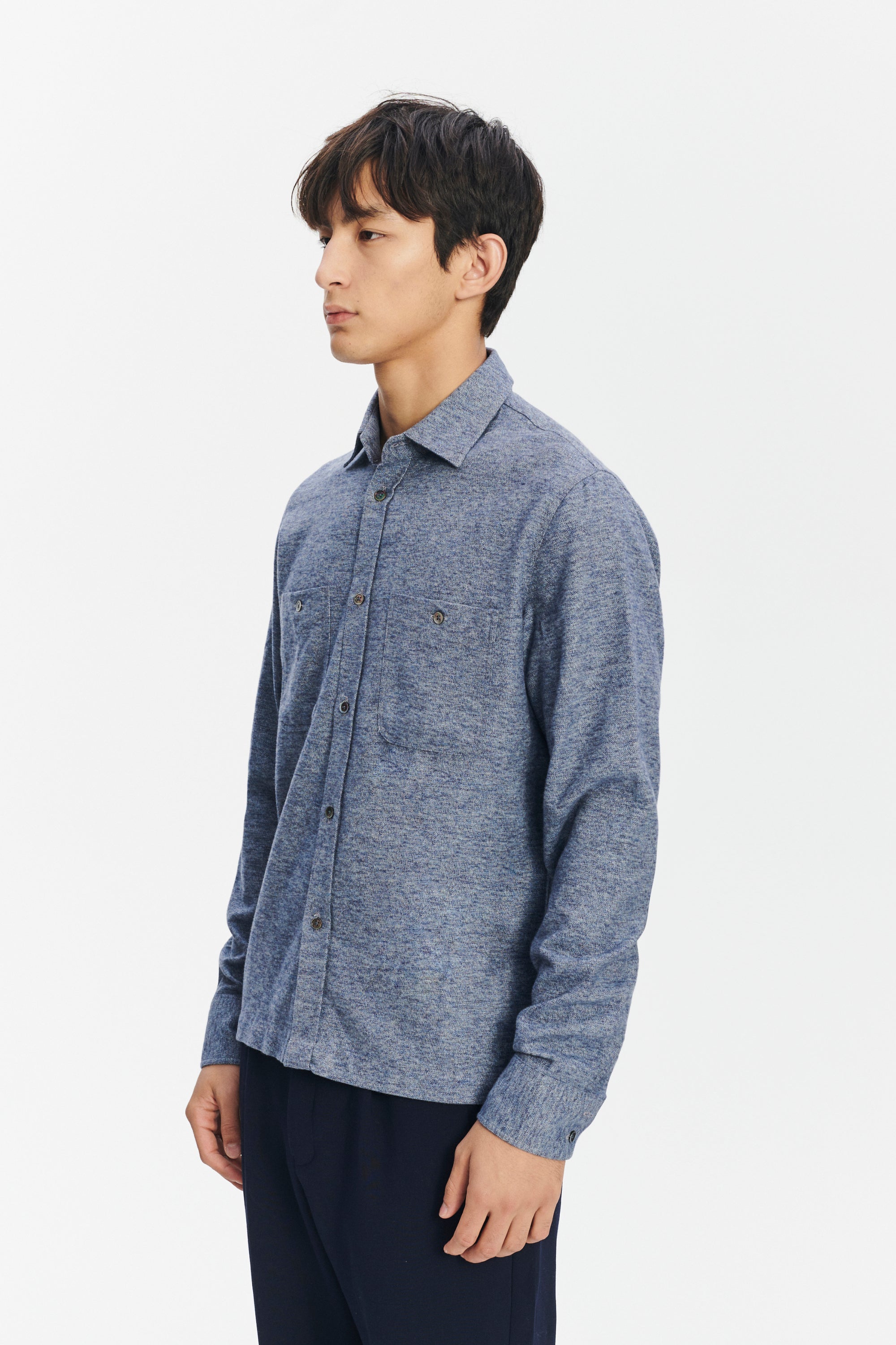 Carpenter Shirt in a Fine Blue Melange  Italian Cotton Flannel by Albini