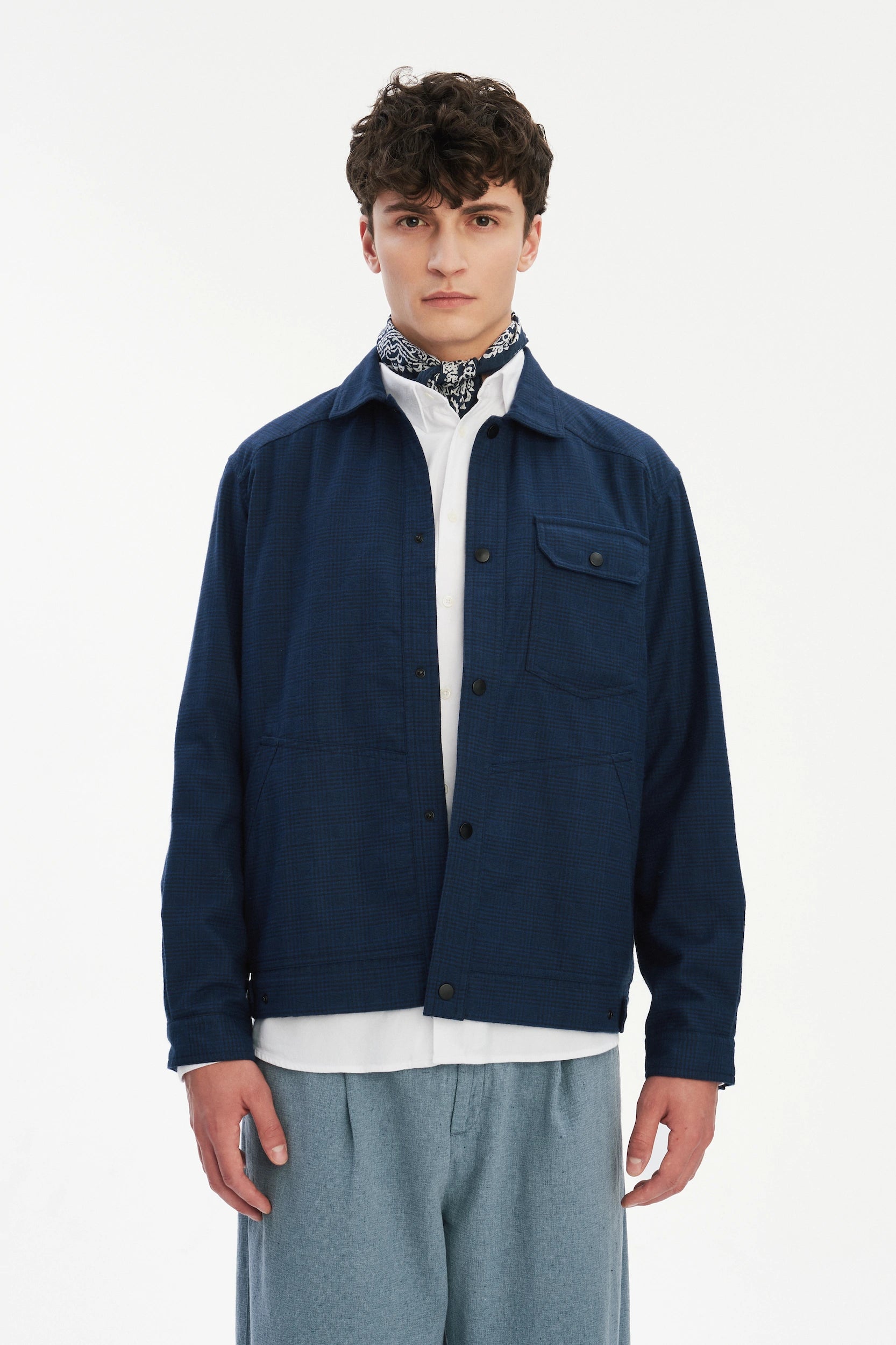 French Workwear Jacket in a Tonal Prussian Blue and Black Chequered Italian Cotton Flannel