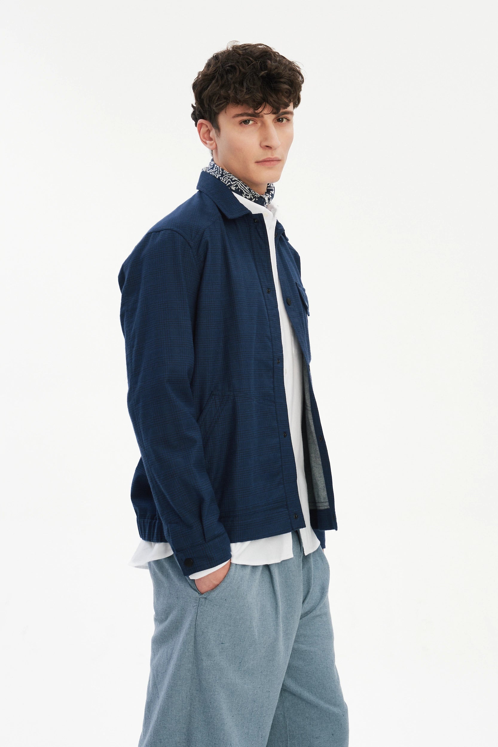 French Workwear Jacket in a Tonal Prussian Blue and Black Chequered Italian Cotton Flannel