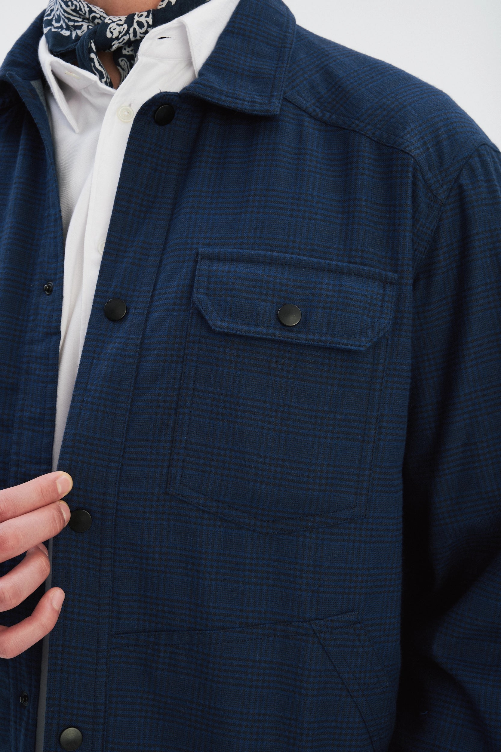 French Workwear Jacket in a Tonal Prussian Blue and Black Chequered Italian Cotton Flannel