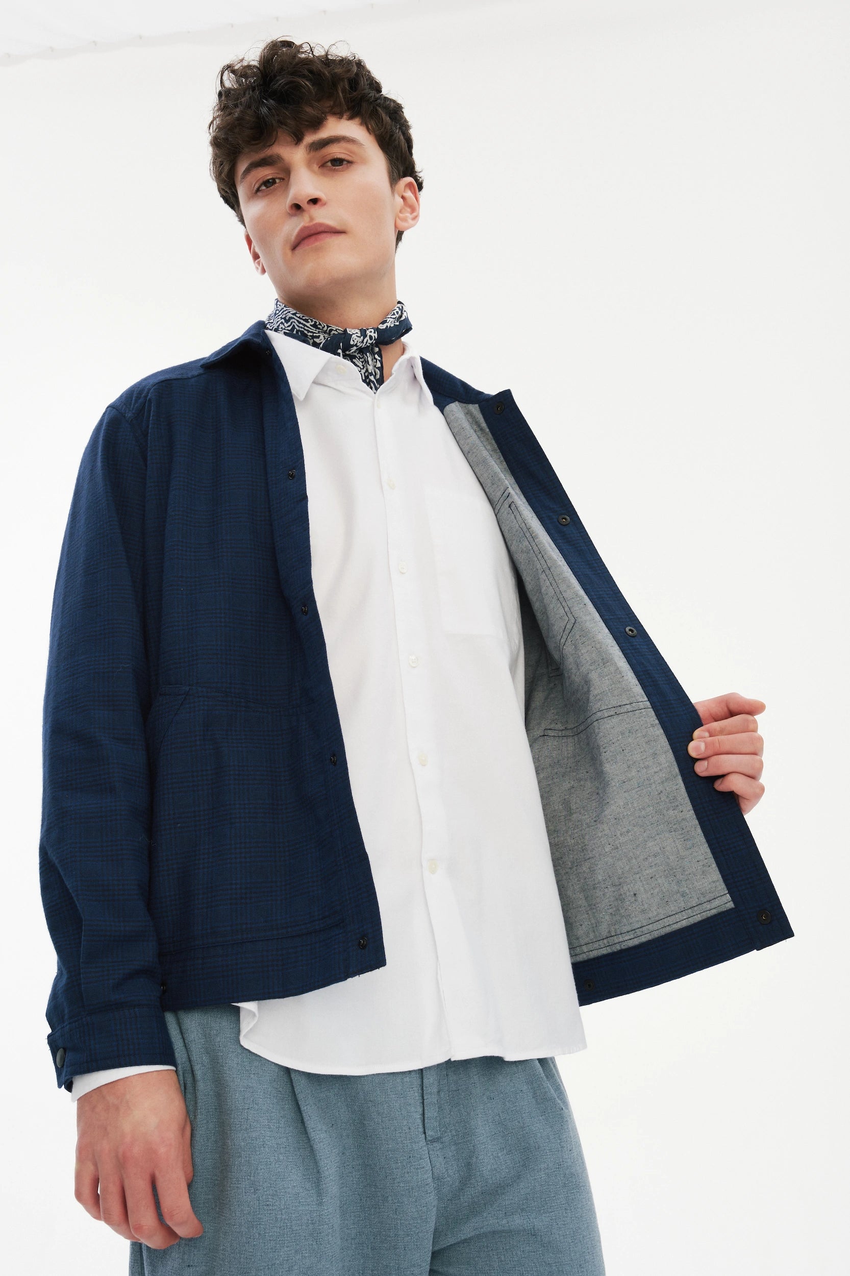 French Workwear Jacket in a Tonal Prussian Blue and Black Chequered Italian Cotton Flannel