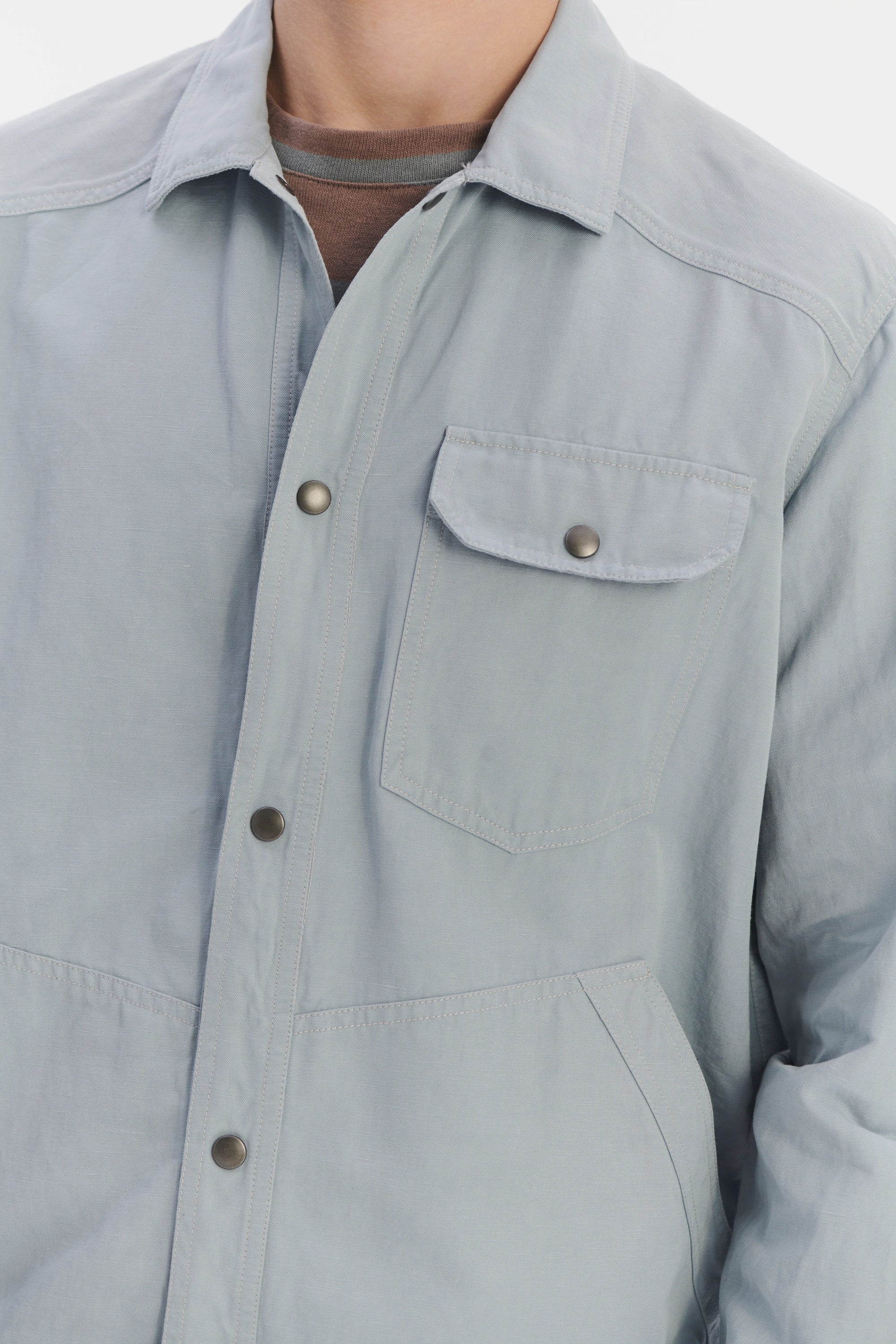 French Workwear Jacket in a Light Blue Grey Italian Cotton and Linen