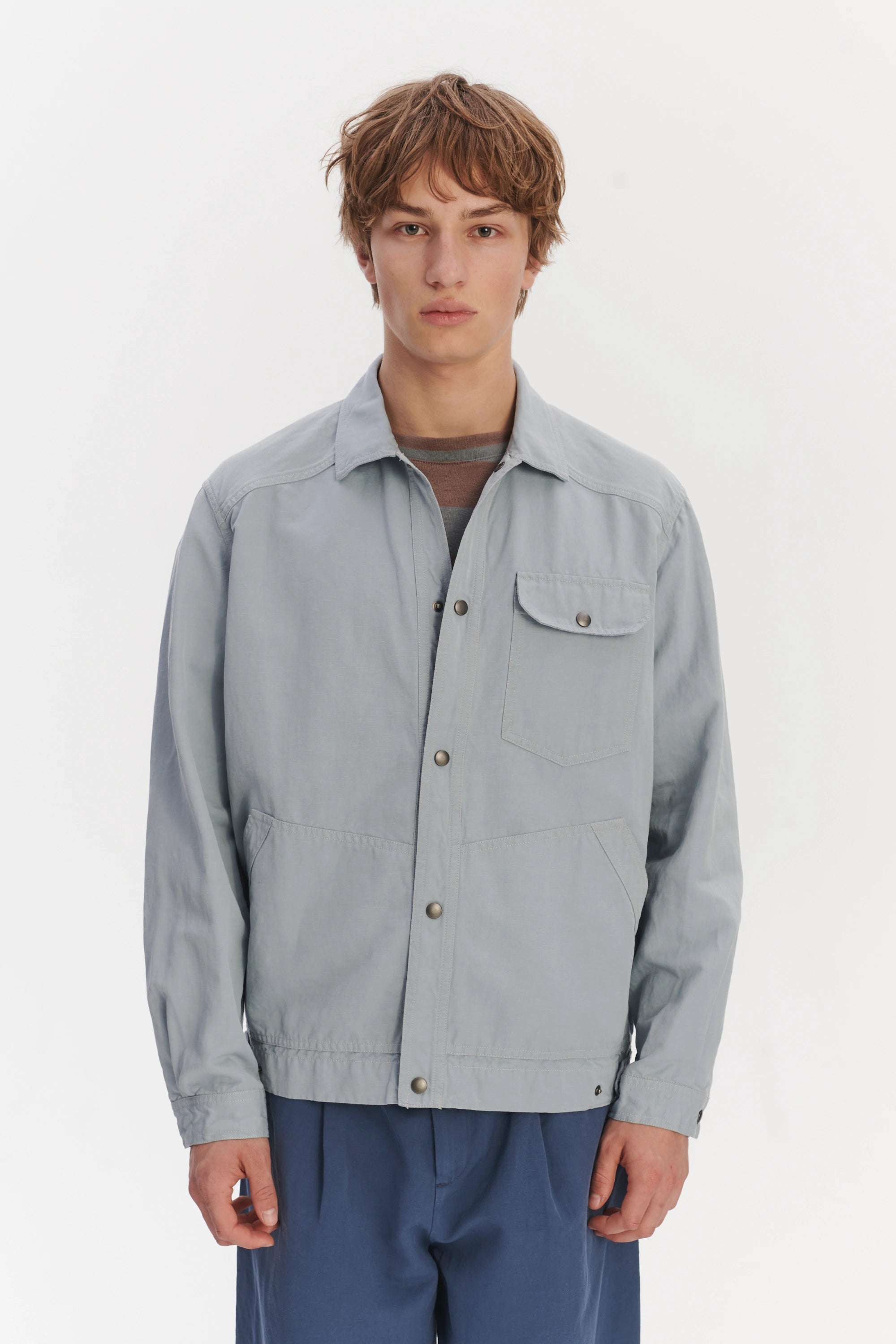 French Workwear Jacket in a Light Blue Grey Italian Cotton and Linen