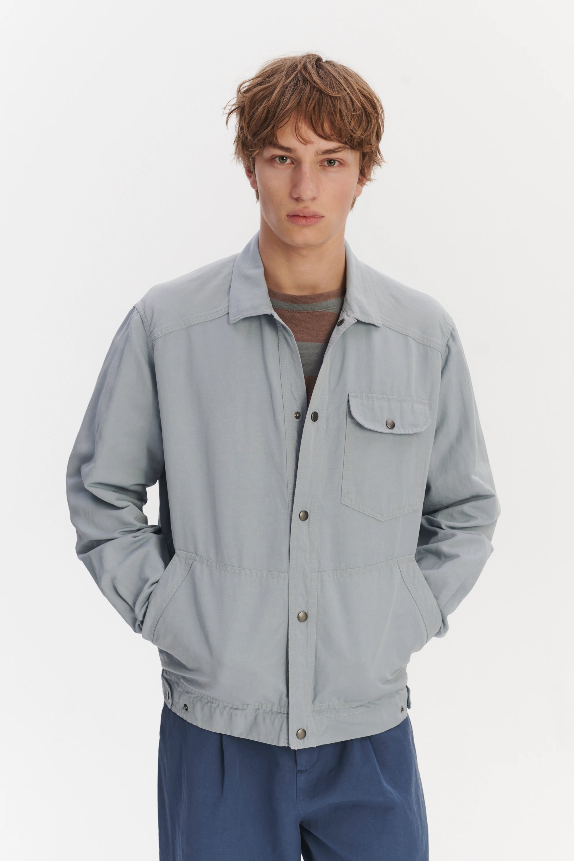 French Workwear Jacket in a Light Blue Grey Italian Cotton and Linen