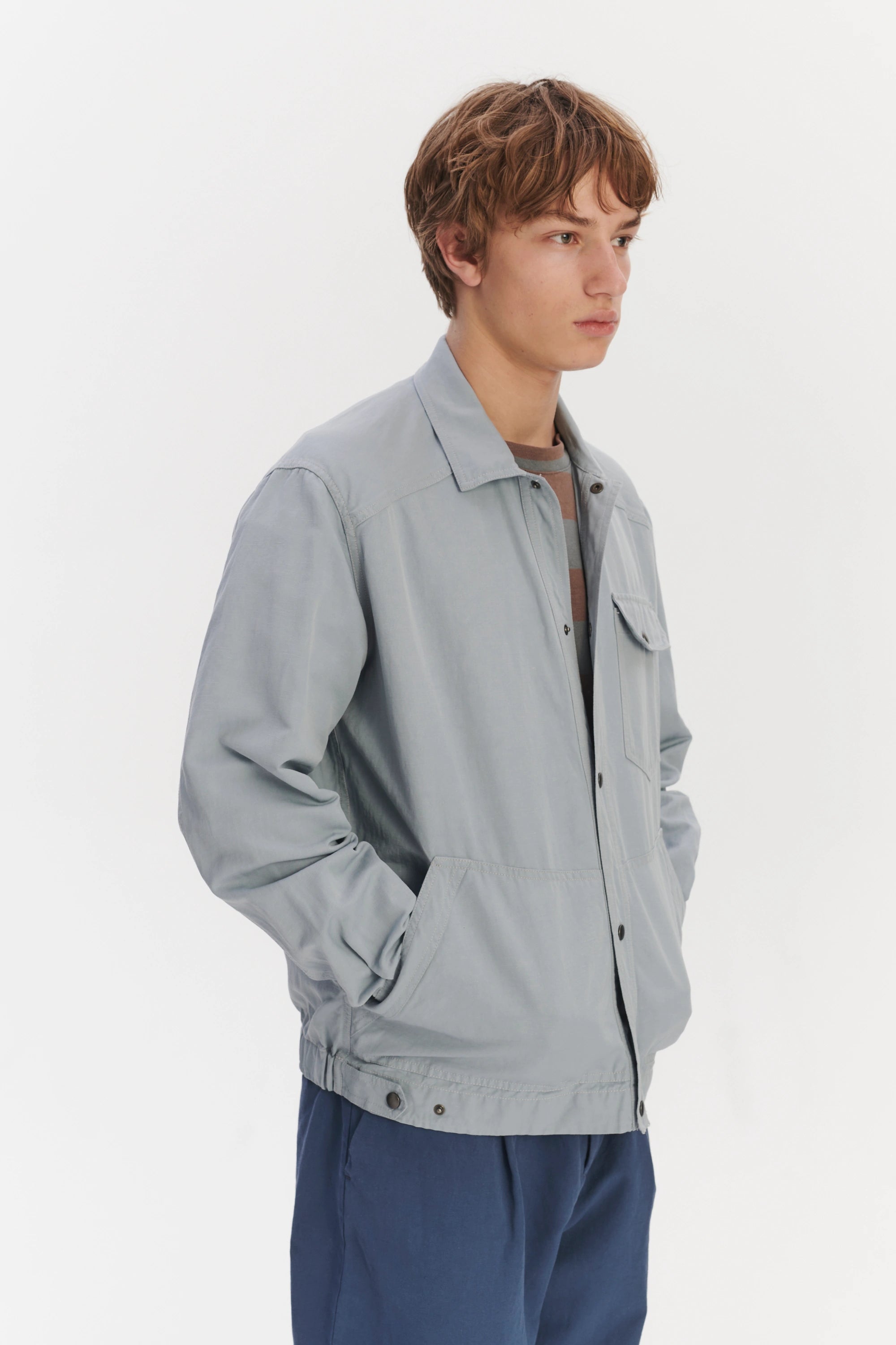 French Workwear Jacket in a Light Blue Grey Italian Cotton and Linen