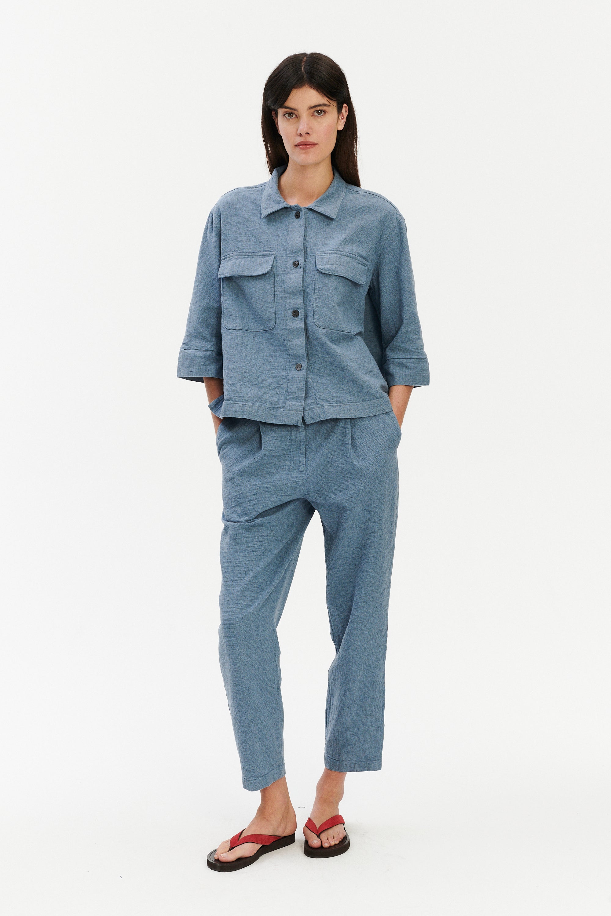 Jogger Trousers in a Pale Sky Blue Italian Recycled Cotton Denim