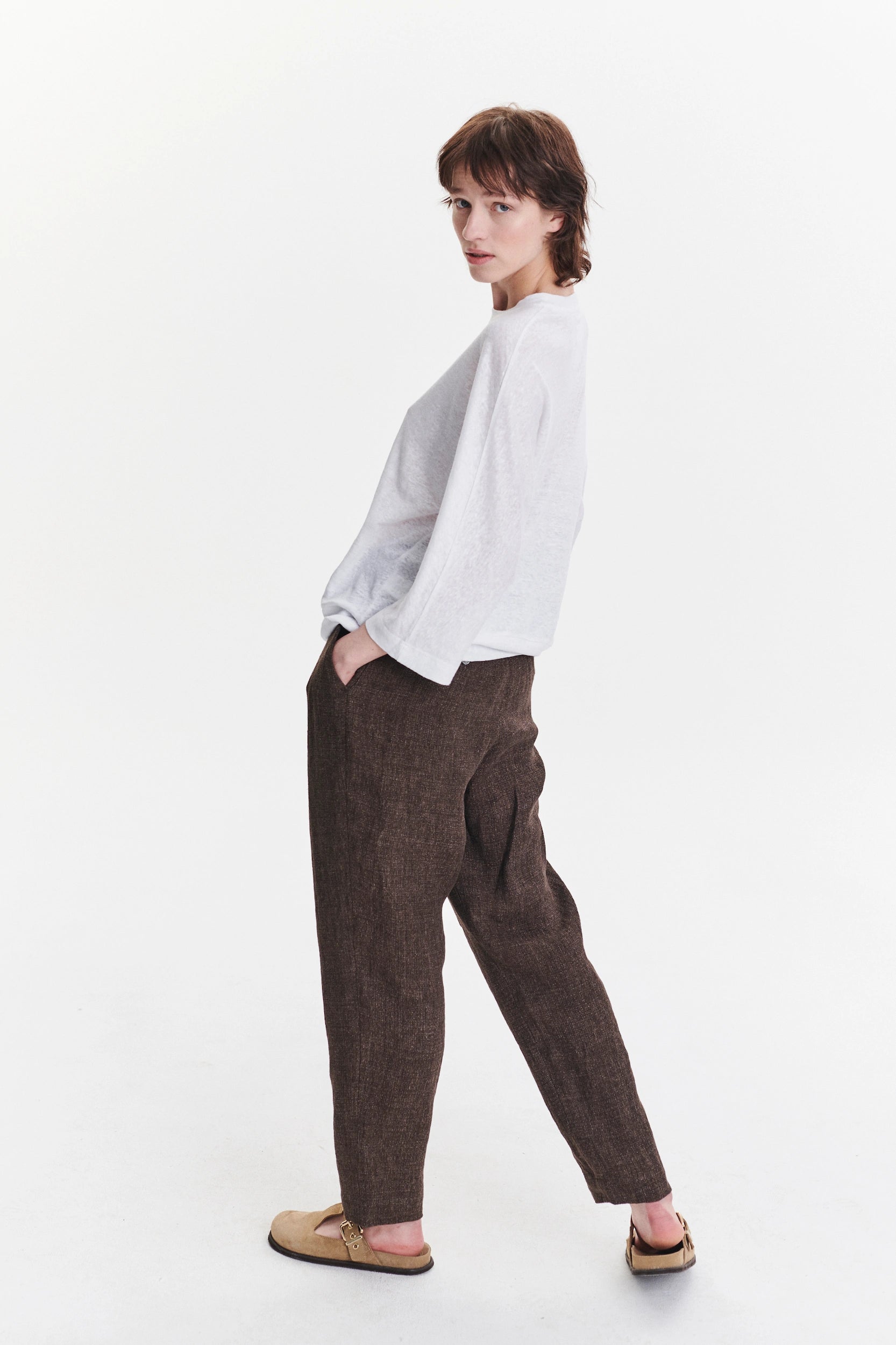 Genuine Trousers in a Brown Fluid Italian Linen Crepe