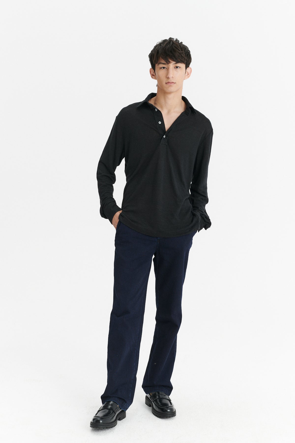 Long Sleeve Polo Shirt in the Finest Black Linen Jersey
