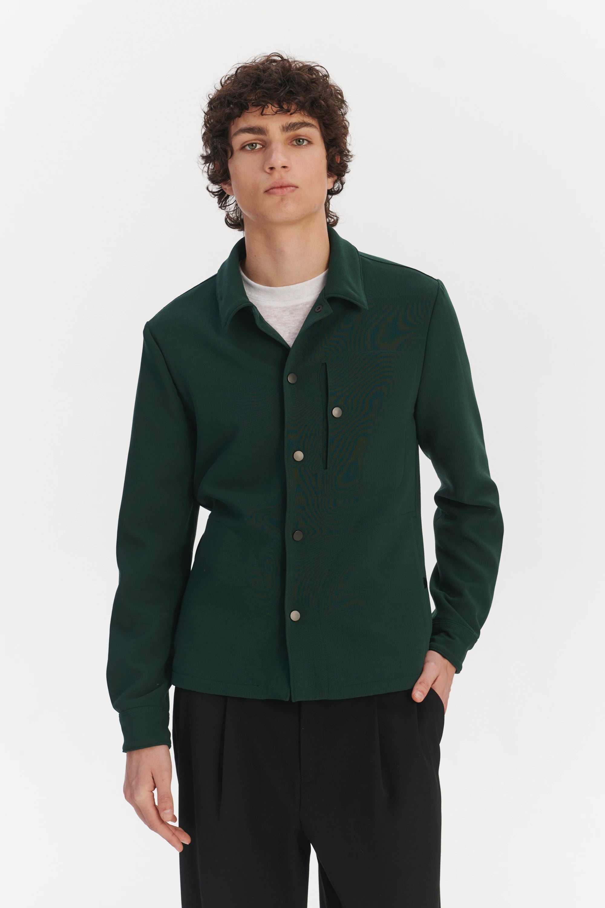 Snap Button Jacket in the Finest Green Easy Stretch Italian Virgin Wool
