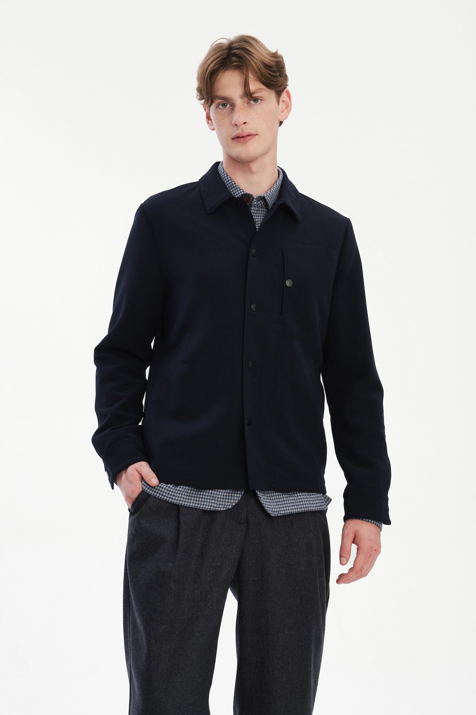 Snap Button Jacket in the Finest Navy Blue Easy Stretch Italian Virgin Wool