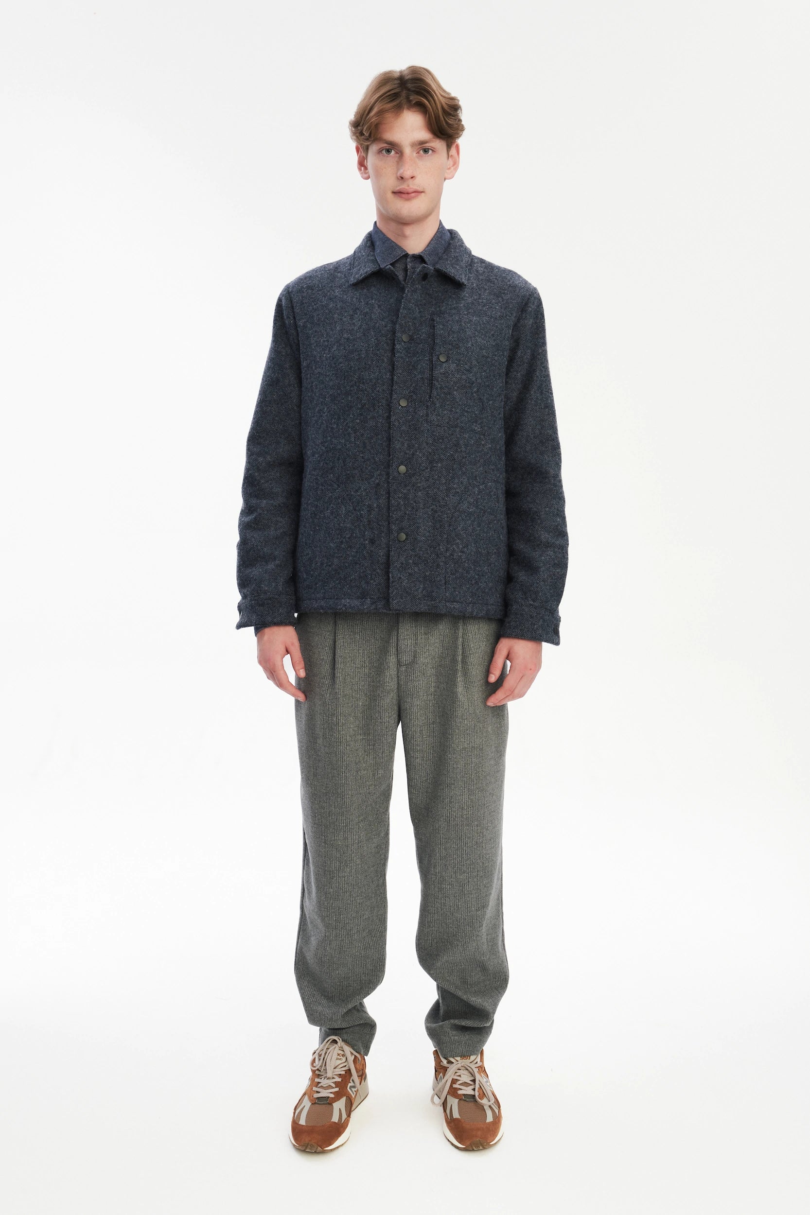 Snap Button Jacket in Italian Recycled Wool and Cotton - Navy