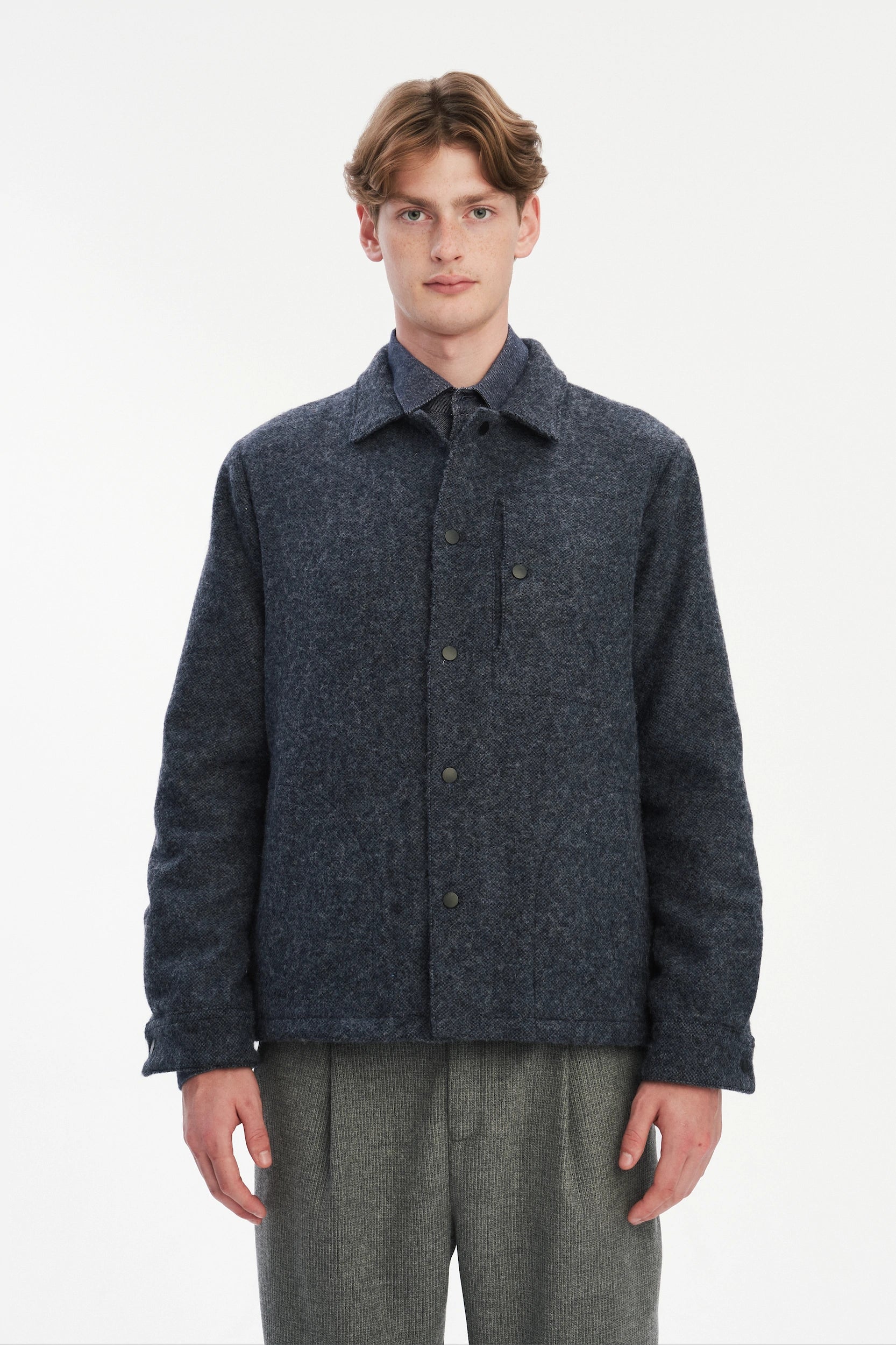 Snap Button Jacket in Navy Recycled Wool and Cotton with MEIDA