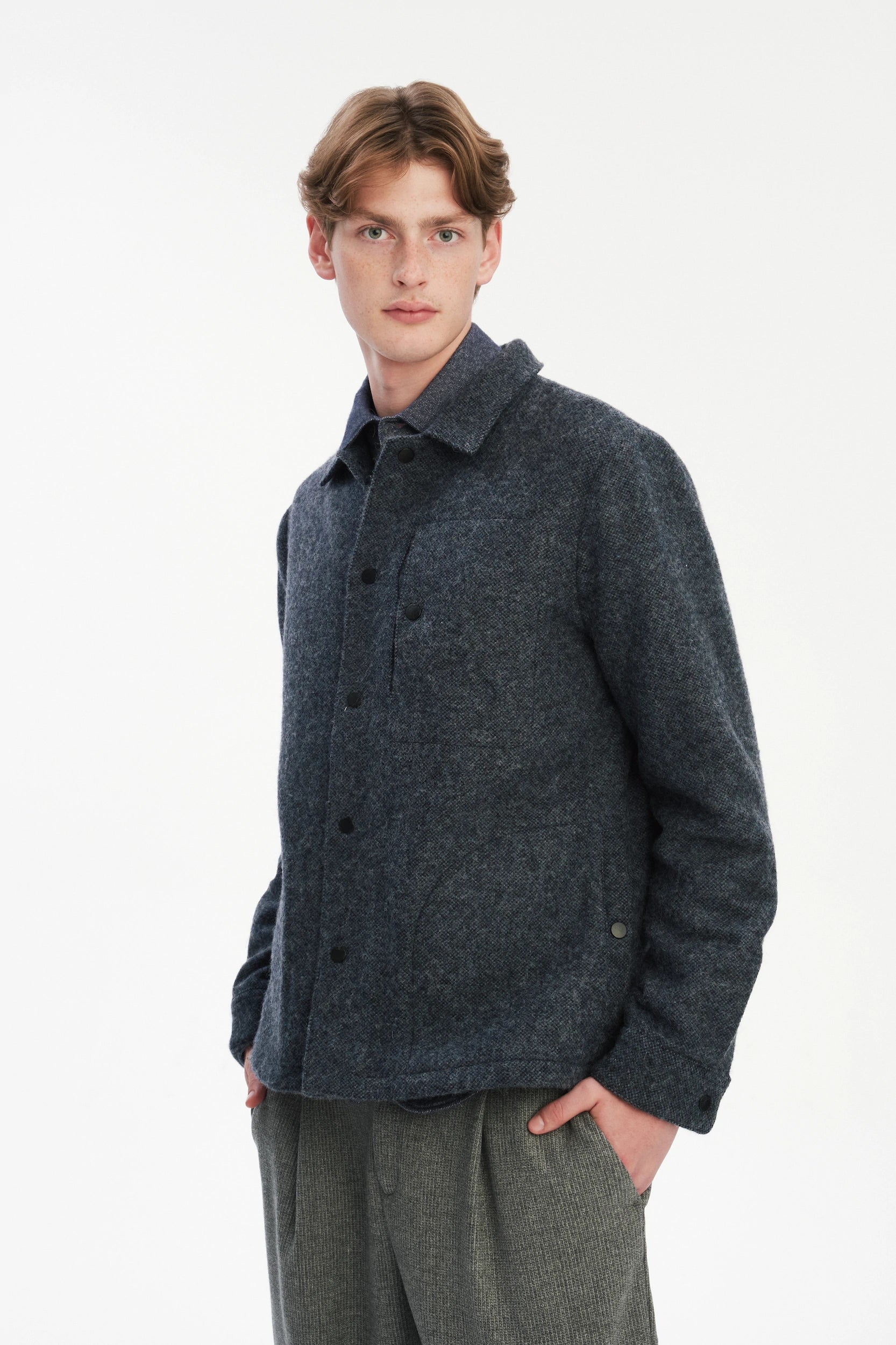 Snap Button Jacket in Navy Recycled Wool and Cotton with MEIDA