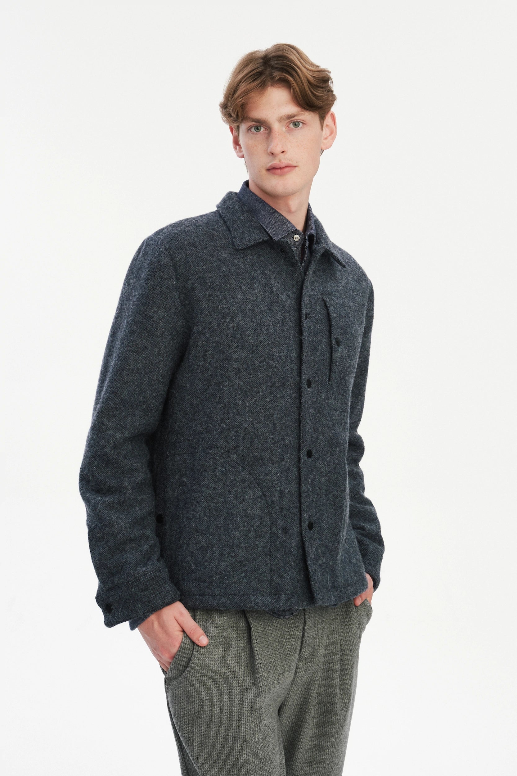 Snap Button Jacket in Navy Recycled Wool and Cotton with MEIDA