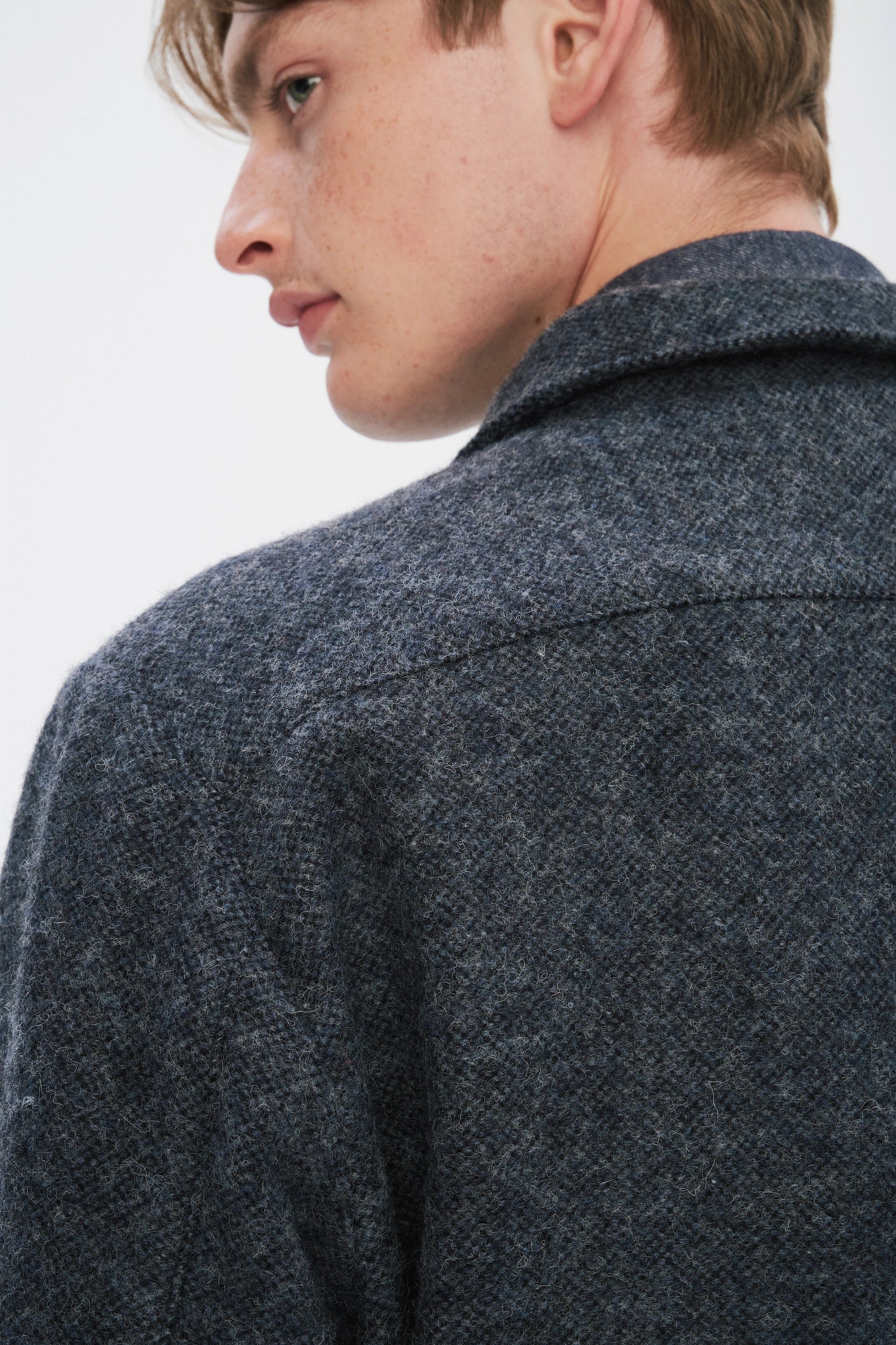 Snap Button Jacket in Navy Recycled Wool and Cotton with MEIDA