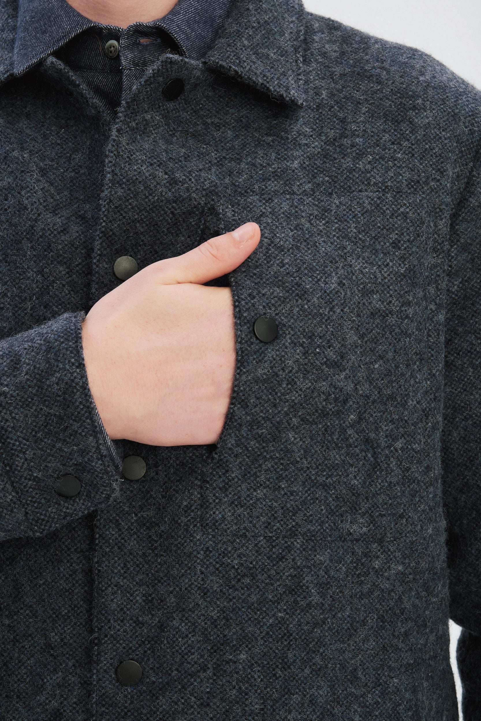 Snap Button Jacket in Navy Recycled Wool and Cotton with MEIDA