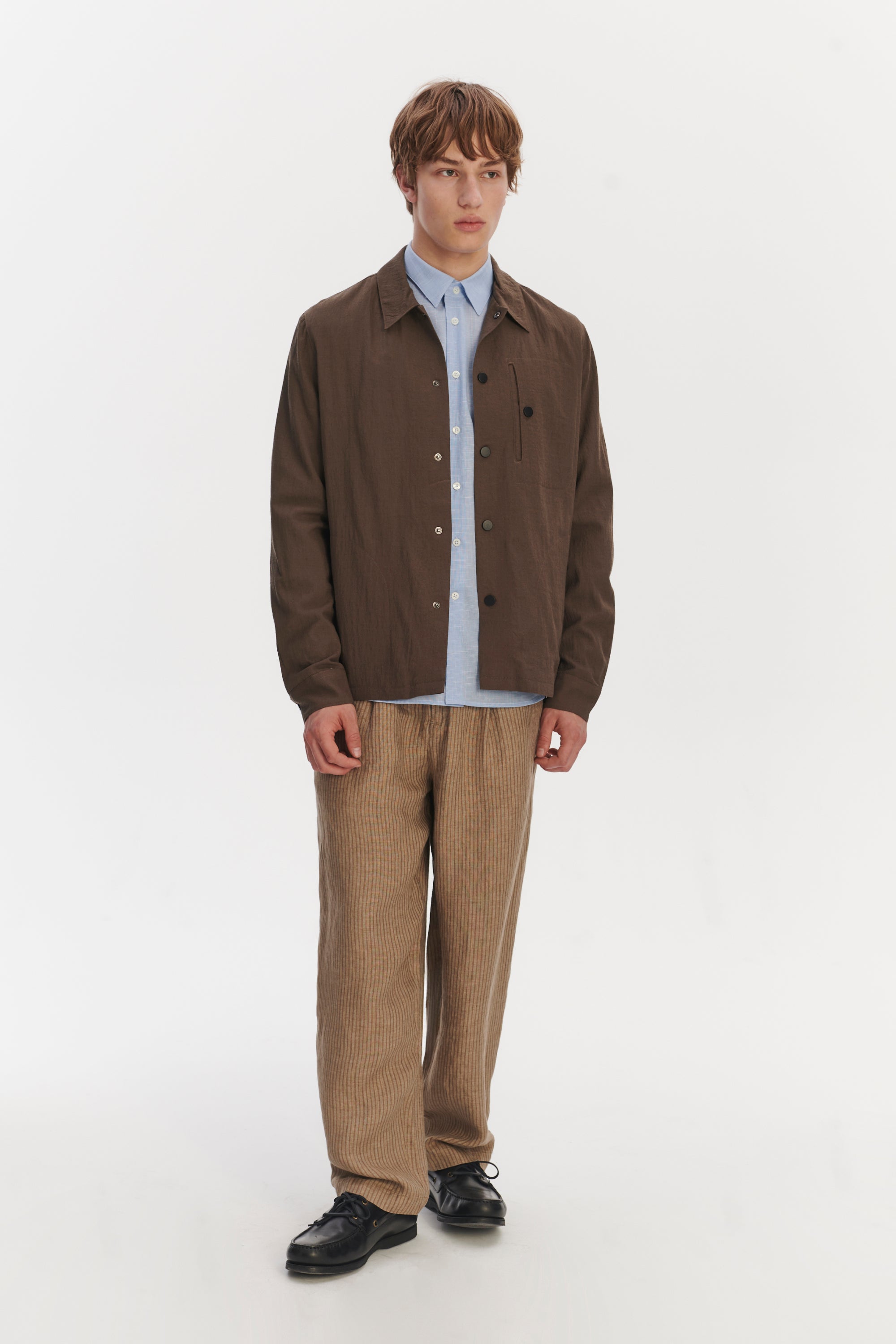 Snap Button Jacket in the Finest Airy Olive Brown Italian Merino Wool