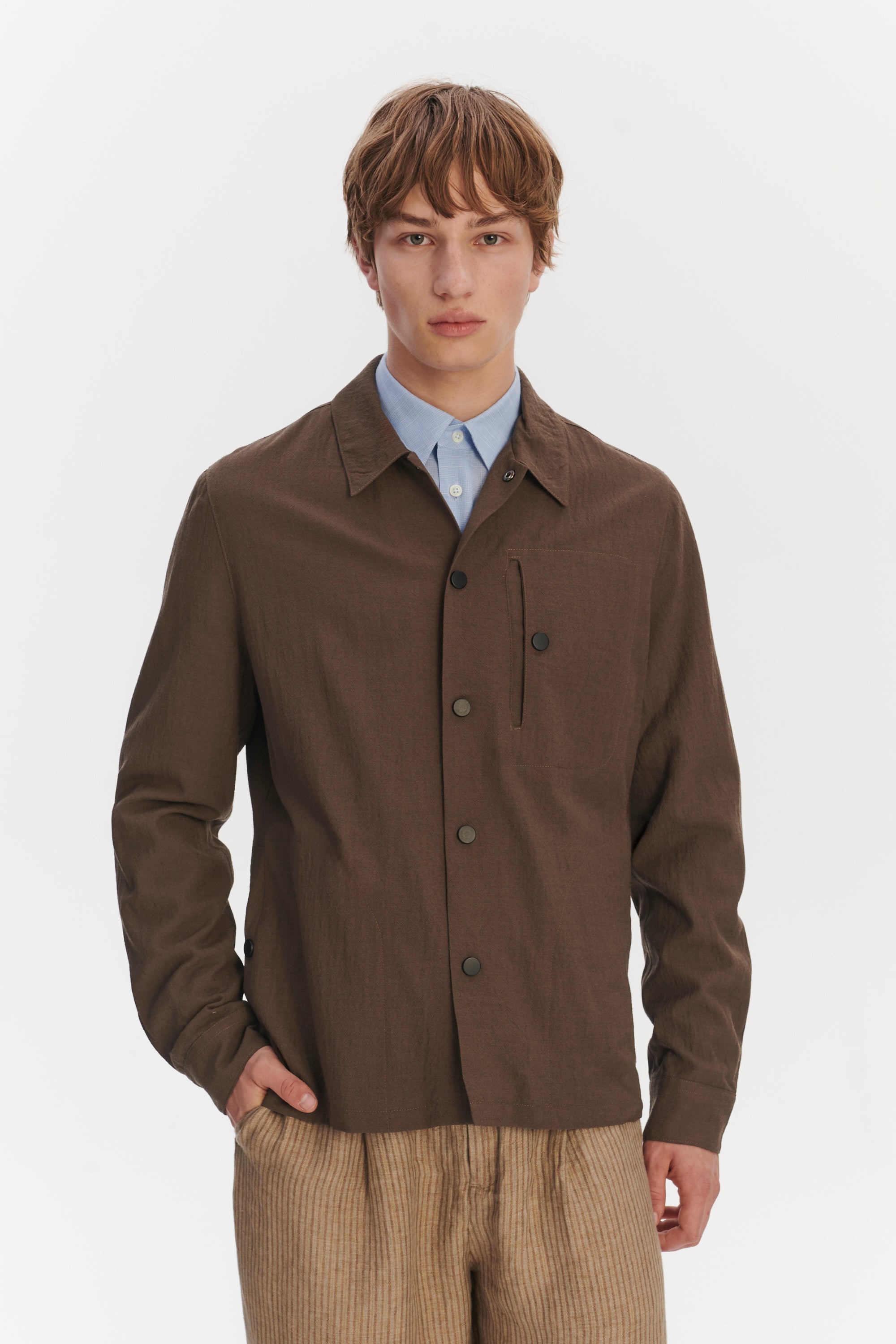 Snap Button Jacket in the Finest Airy Olive Brown Italian Merino Wool