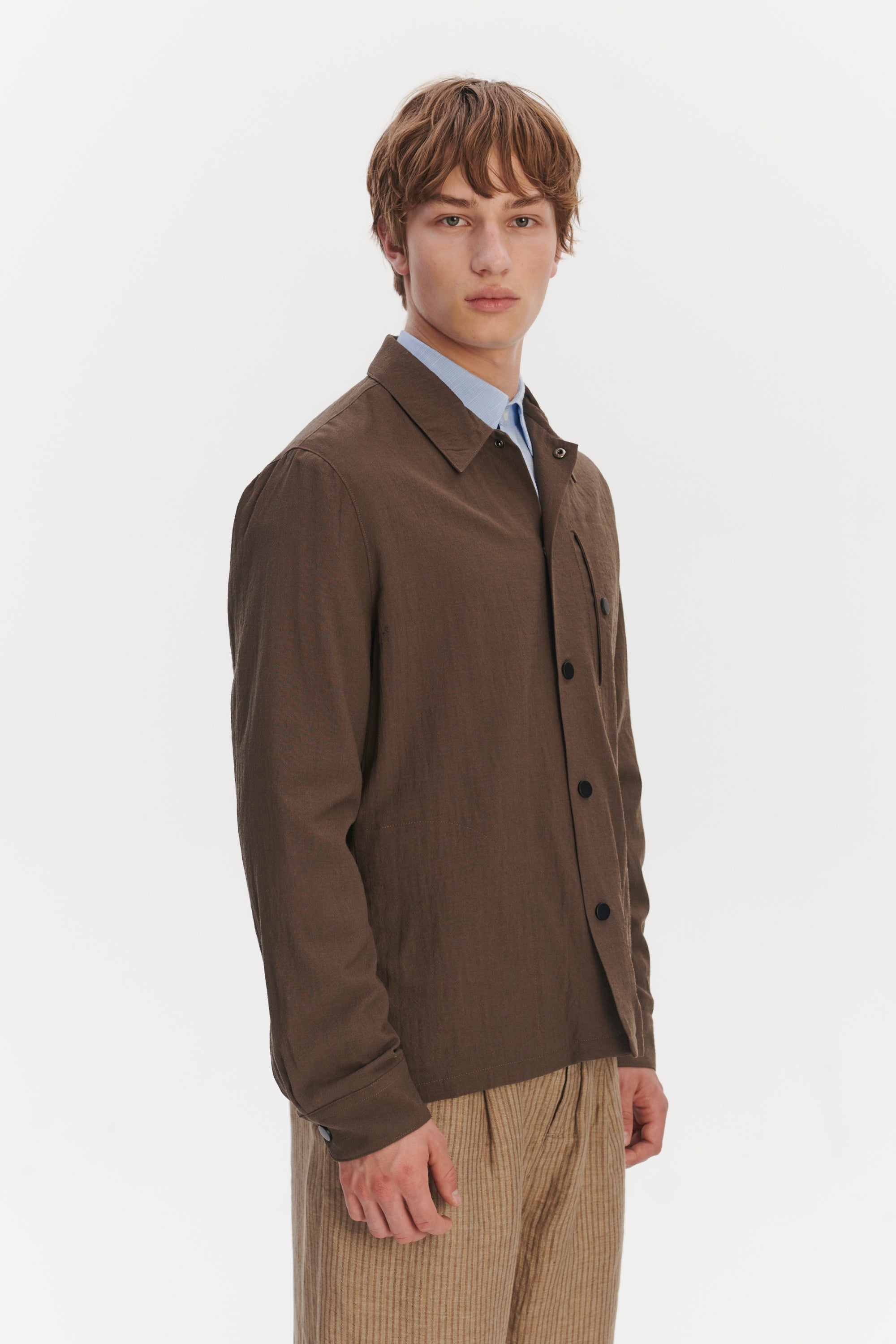 Snap Button Jacket in the Finest Airy Olive Brown Italian Merino Wool