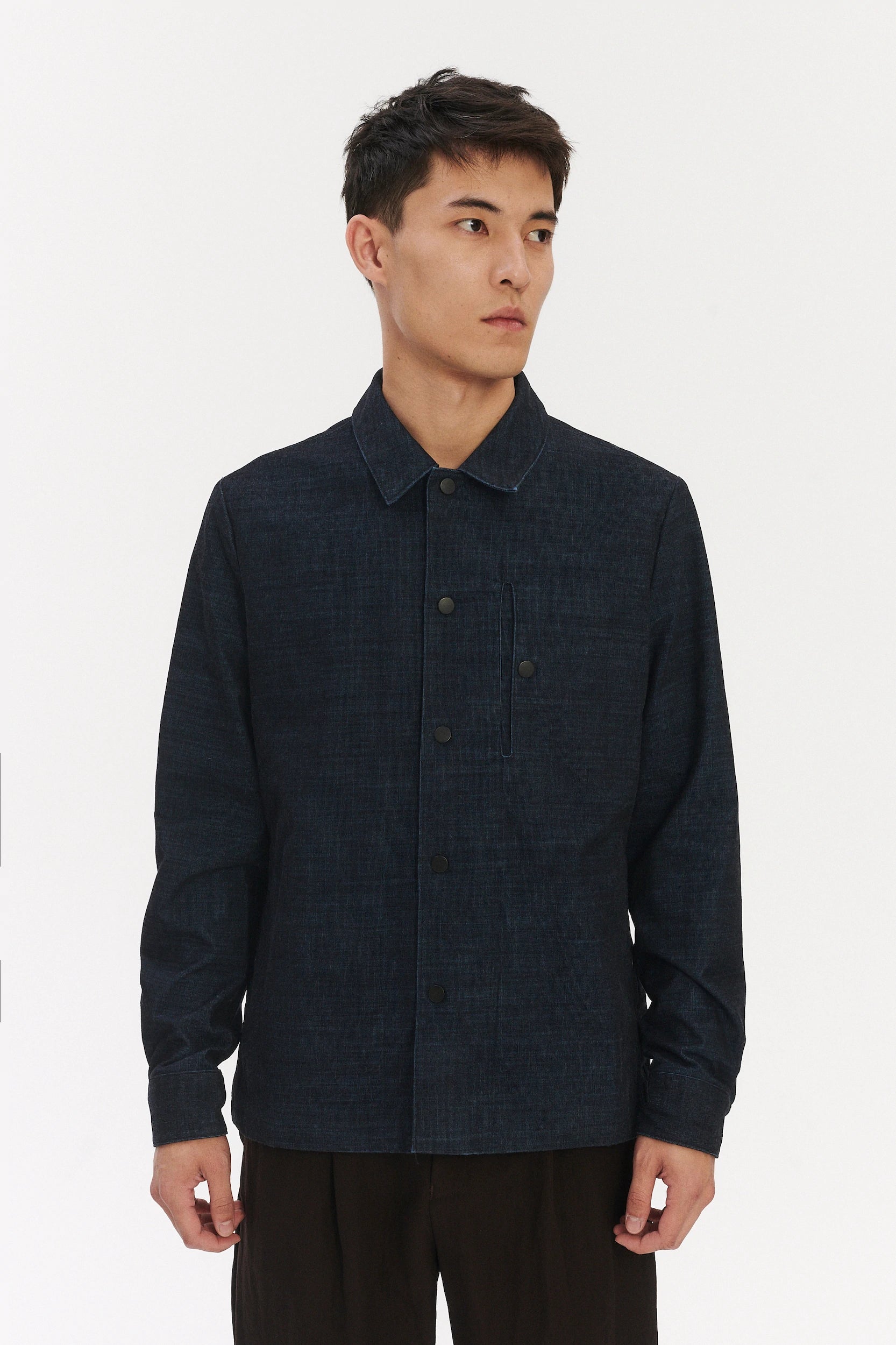 Snap Button Jacket in a Dark Blue Melange Italian Corduroy Cotton and Meida Isolation