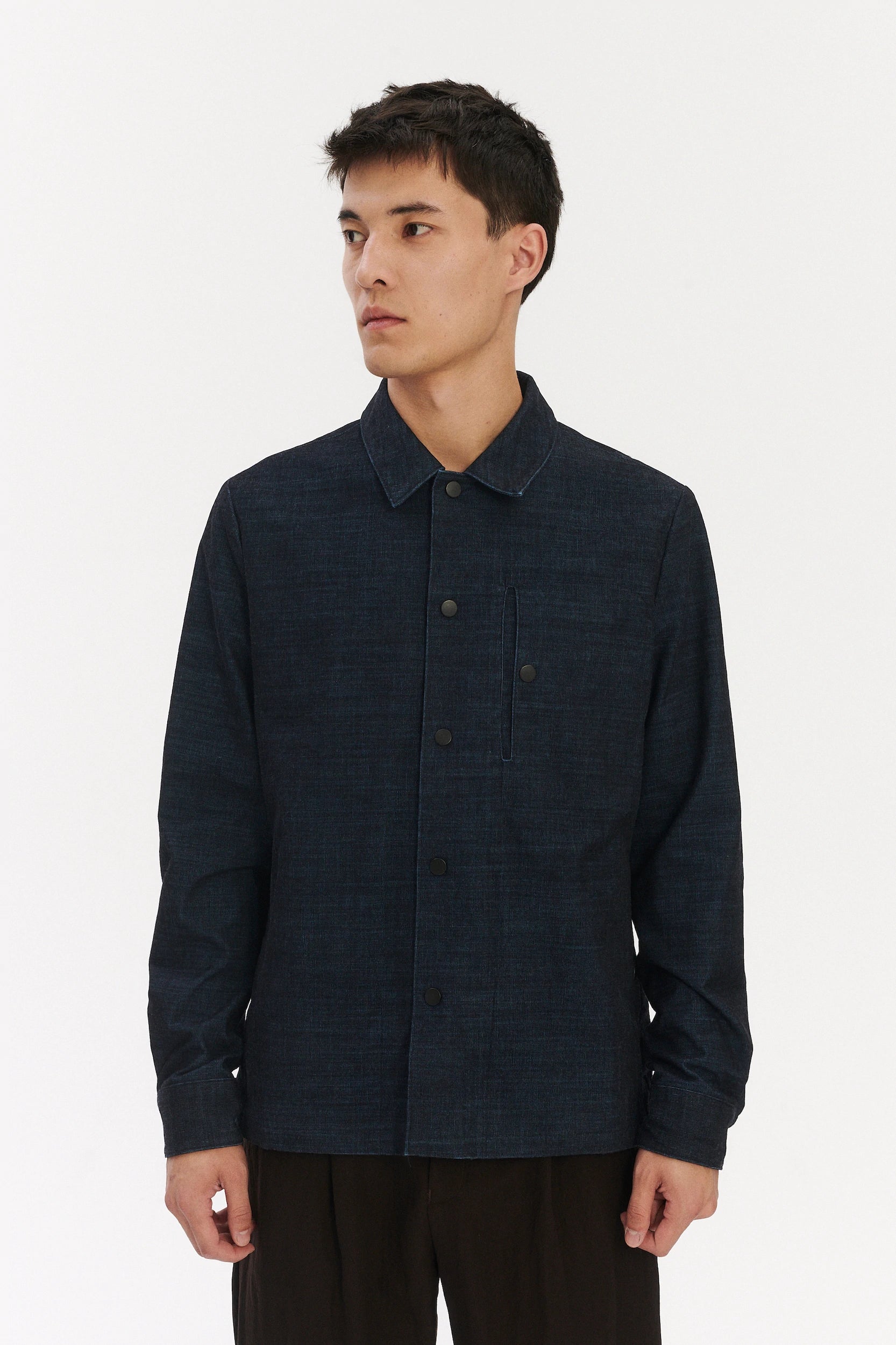 Snap Button Jacket in a Dark Blue Melange Italian Corduroy Cotton and Meida Isolation