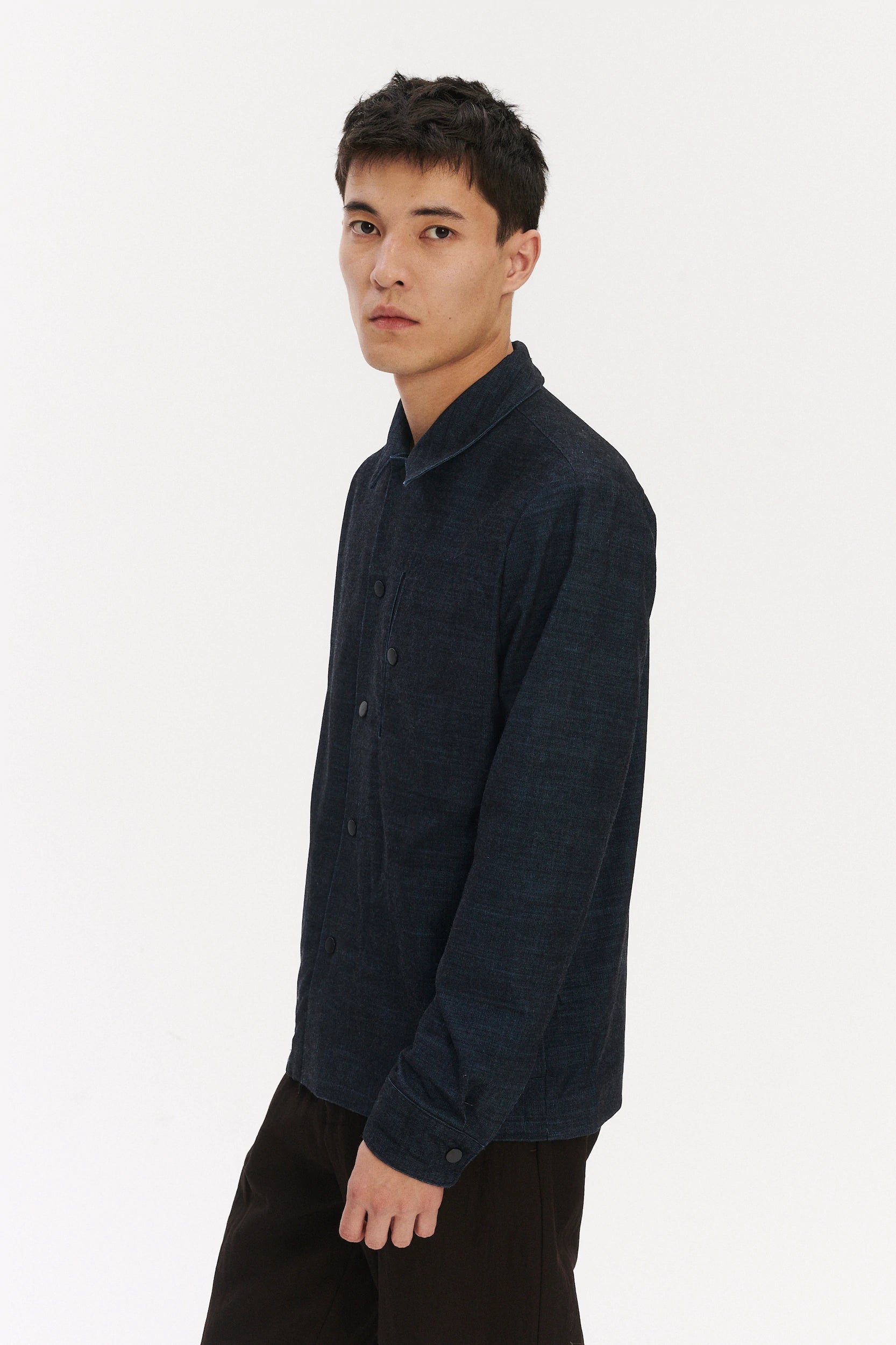 Snap Button Jacket in a Dark Blue Melange Italian Corduroy Cotton and Meida Isolation
