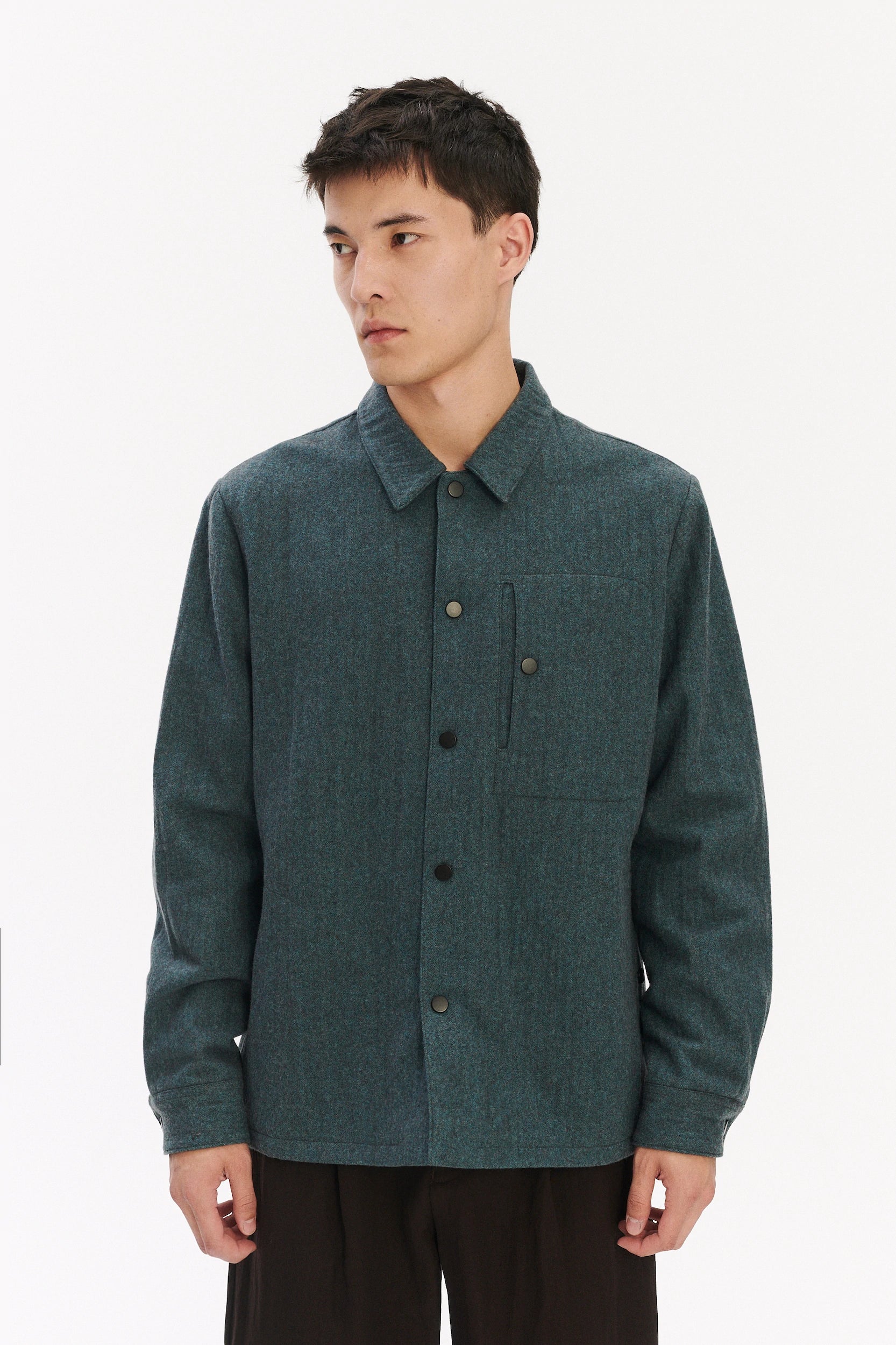 Snap Button Jacket in a Petrol Blue Italian Wool with MEIDA
