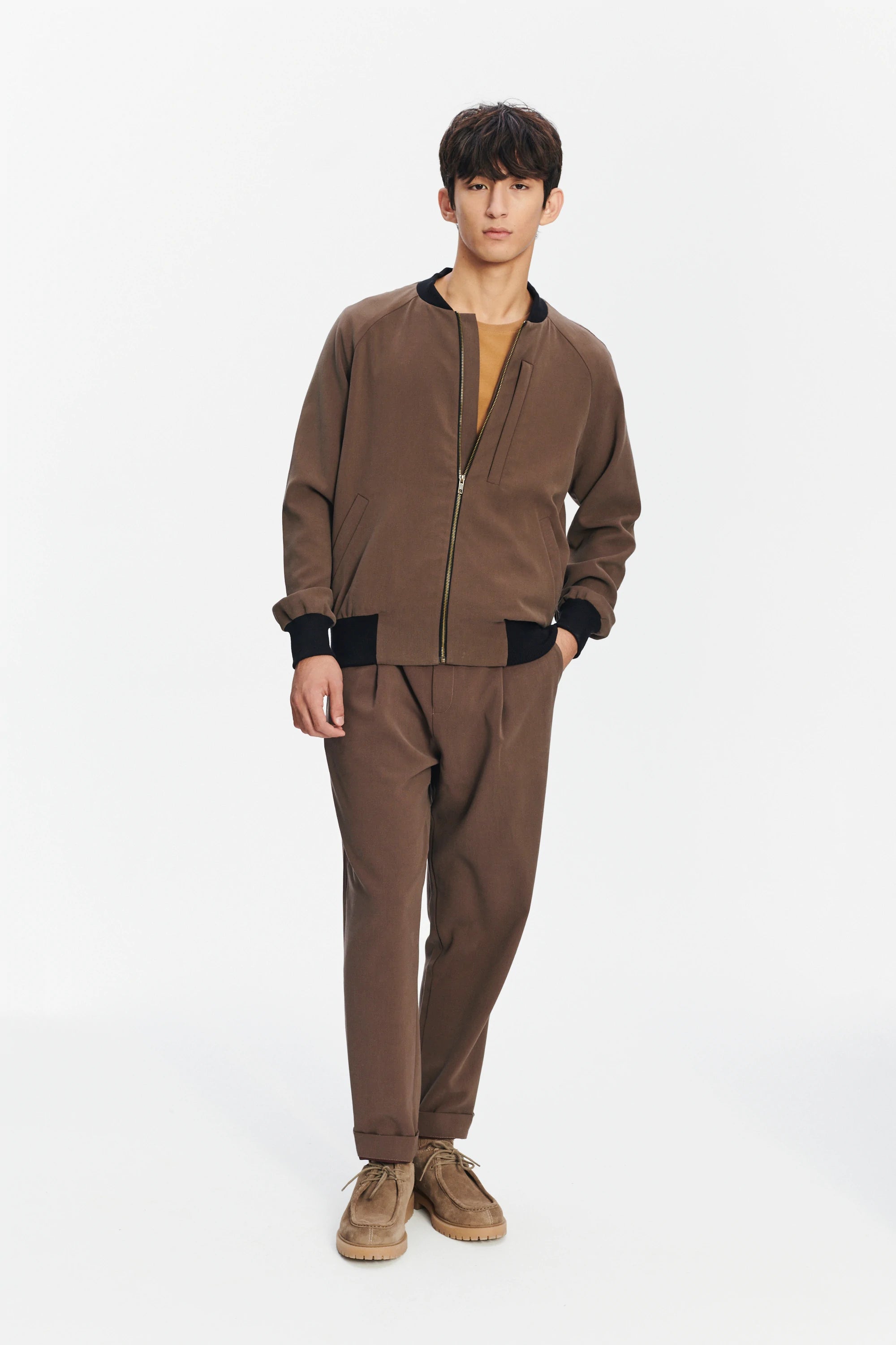 Bomber Jacket in the Finest Blend of Taupe Brown Italian Virgin Wool and Cotton by Albini
