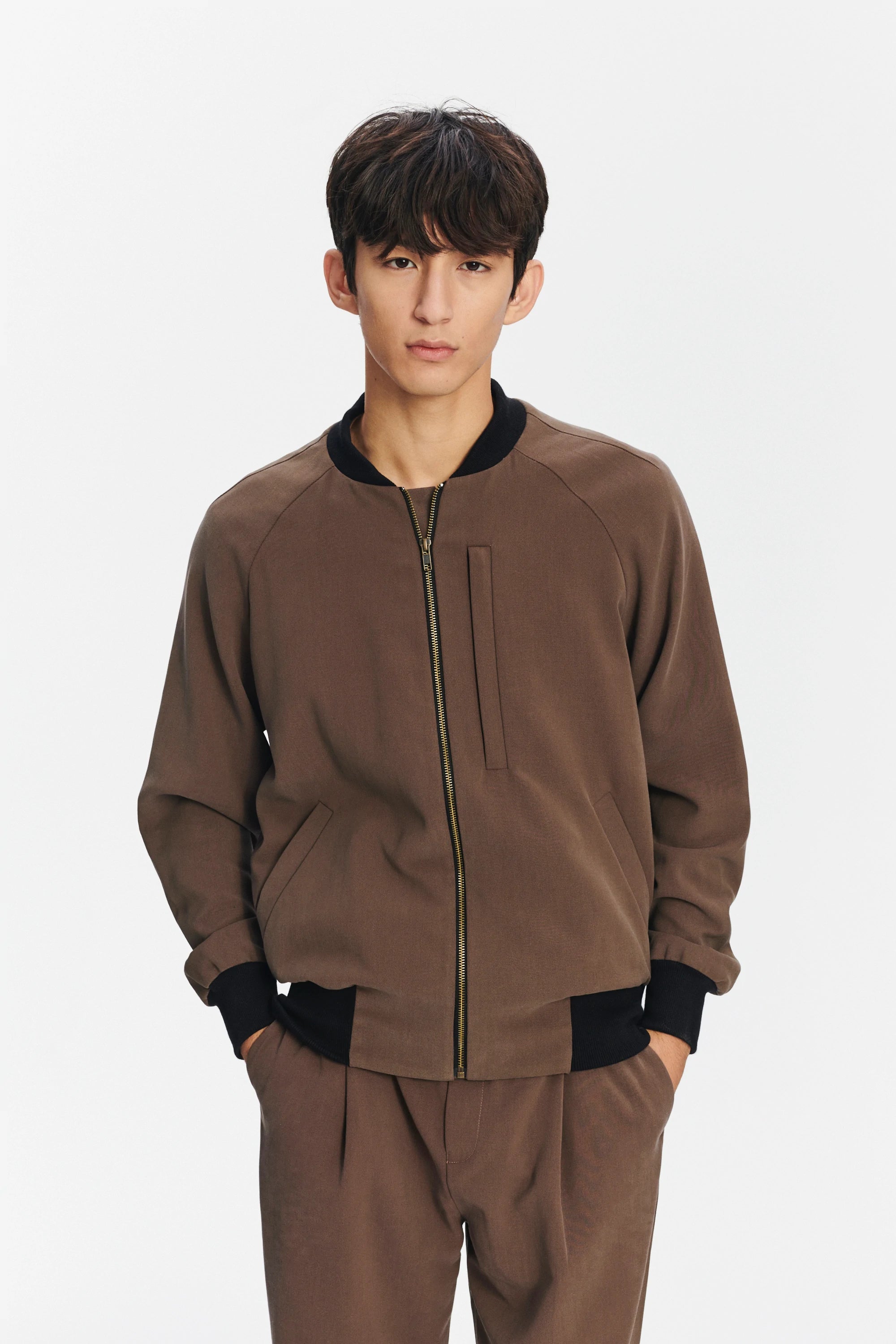 Bomber Jacket in the Finest Blend of Taupe Brown Italian Virgin Wool and Cotton by Albini