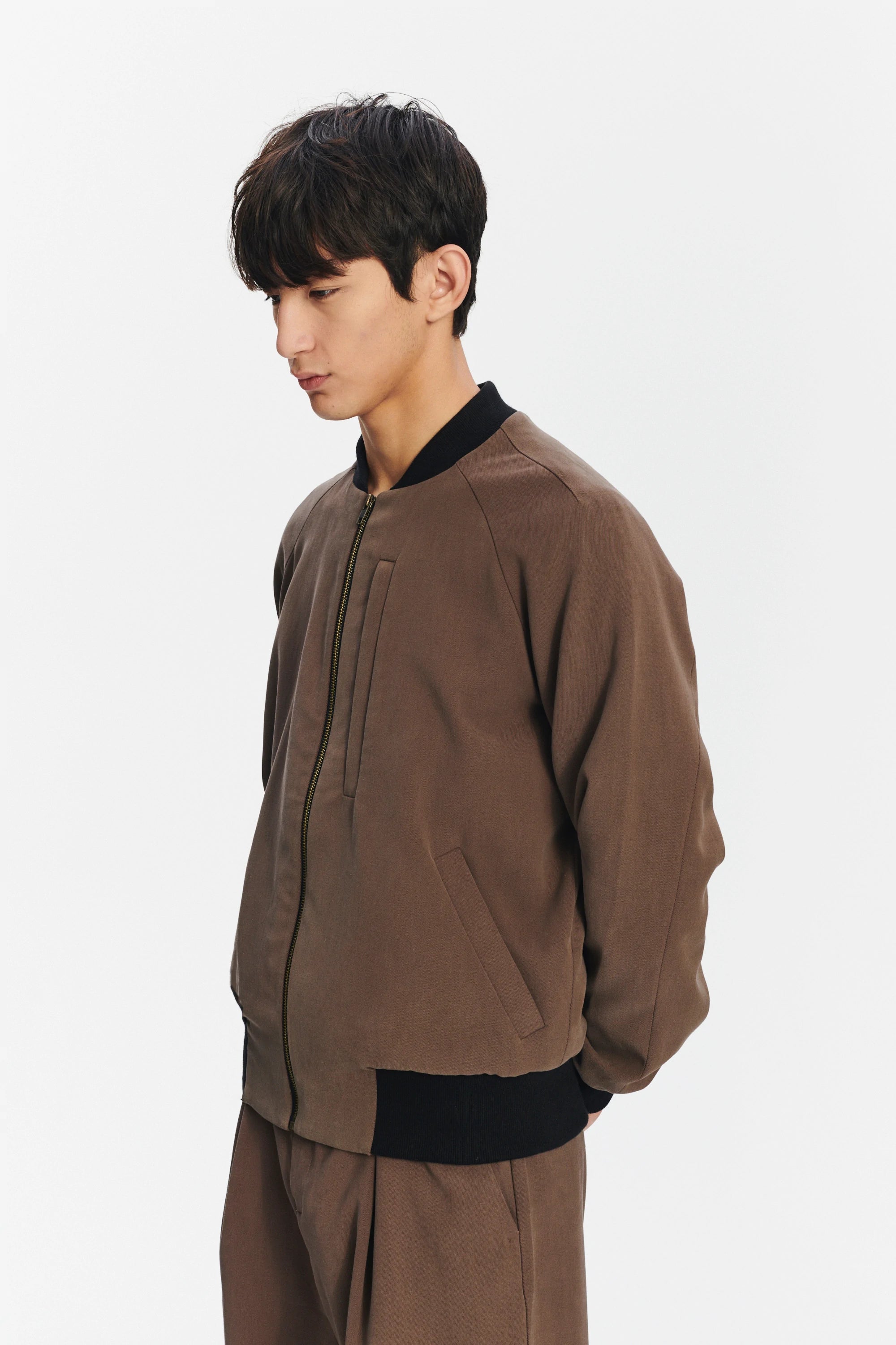 Bomber Jacket in the Finest Blend of Taupe Brown Italian Virgin Wool and Cotton by Albini