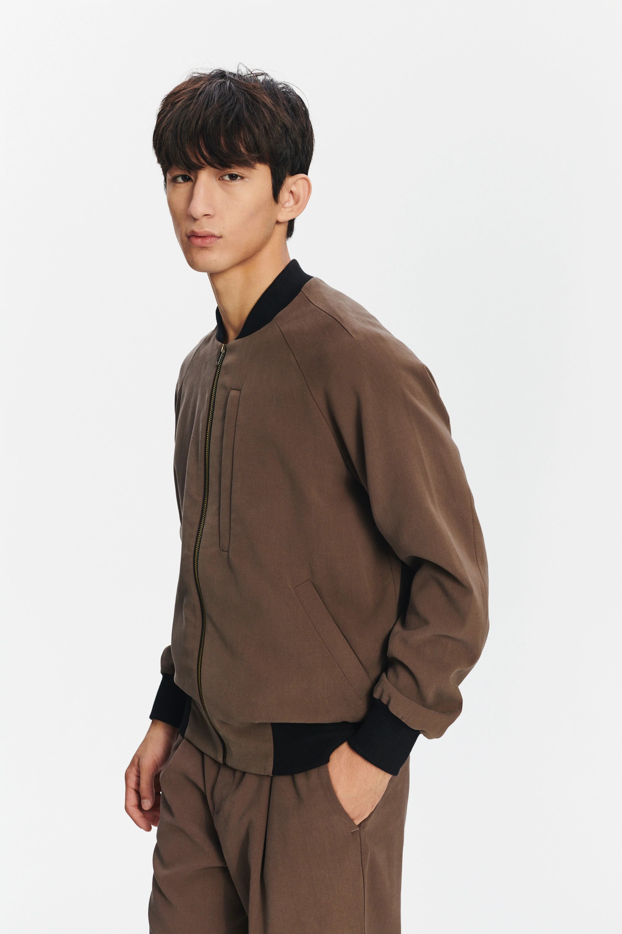 Bomber Jacket in the Finest Blend of Taupe Brown Italian Virgin Wool and Cotton by Albini