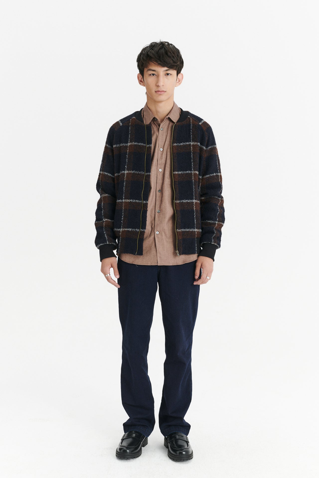 Bomber Jacket in a Brown and Navy Chequered Italian Virgin & Alpaca Bouclé Wool