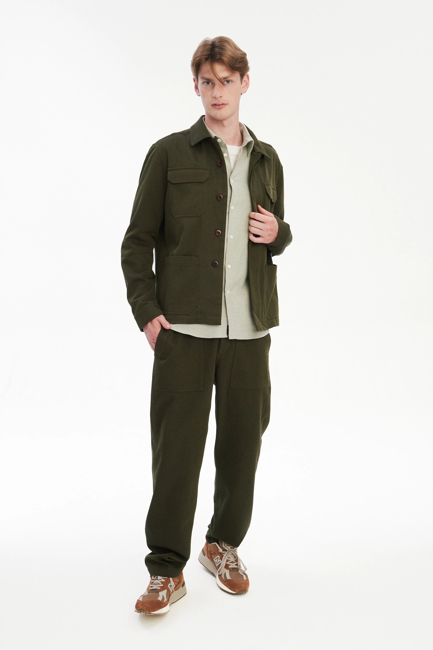 Workwear Jacket in the Finest Olive Green Italian Cotton and Wool Twill from Subalpino