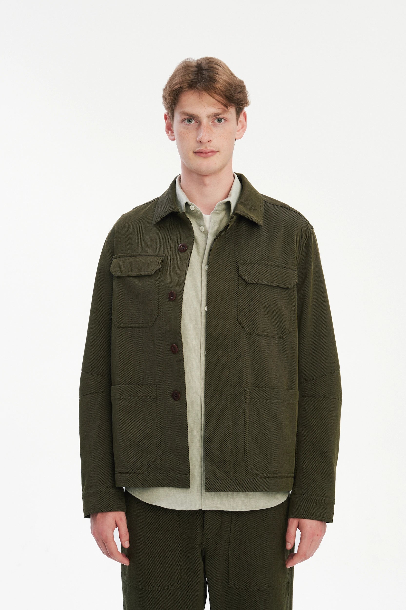 Workwear Jacket in the Finest Olive Green Italian Cotton and Wool Twill from Subalpino