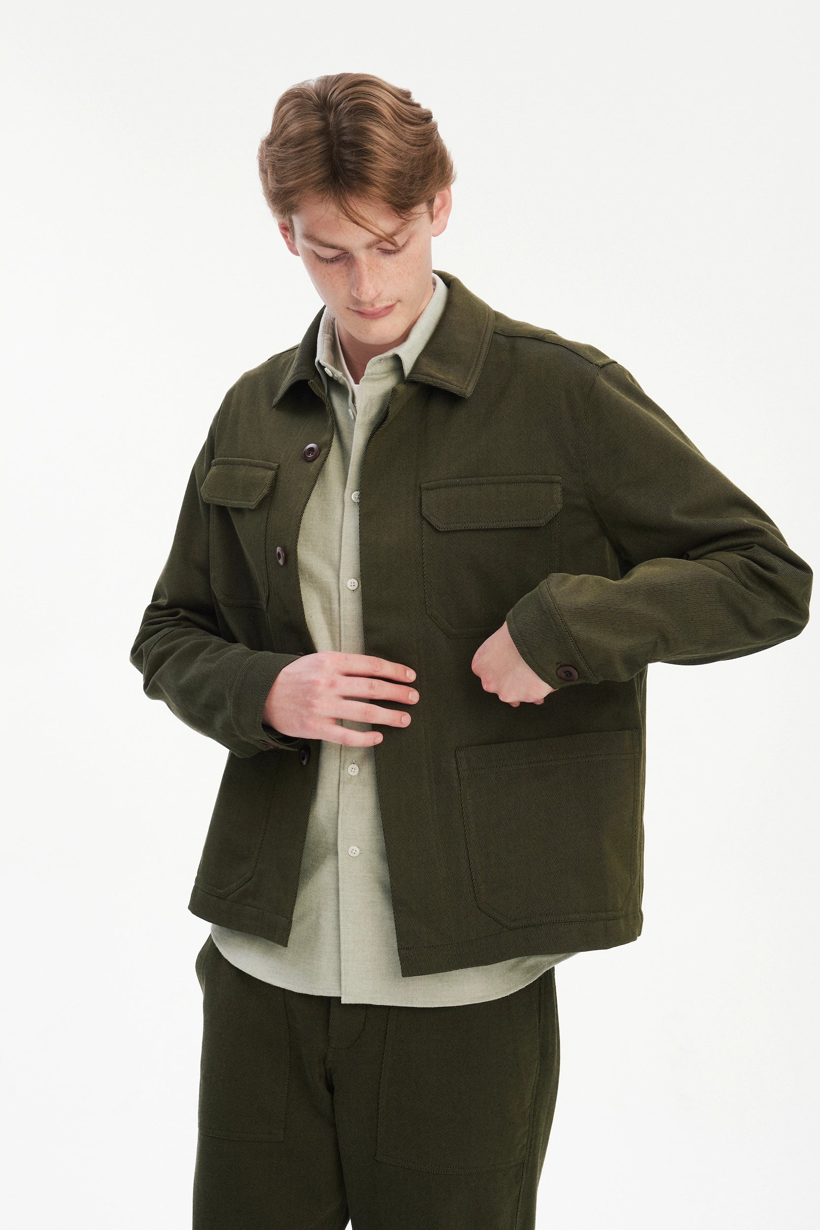 Workwear Jacket in the Finest Olive Green Italian Cotton and Wool Twill from Subalpino