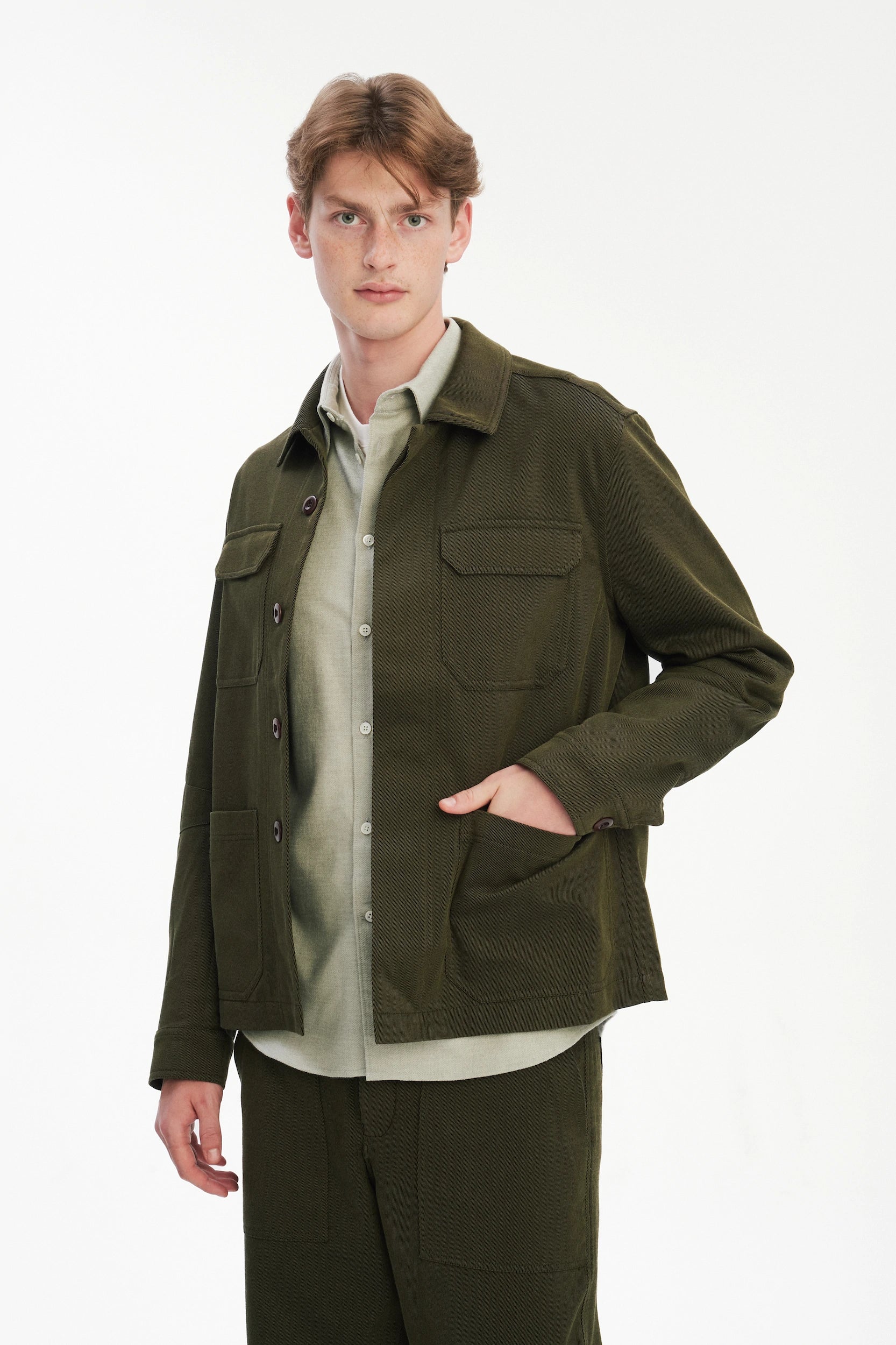 Workwear Jacket in the Finest Olive Green Italian Cotton and Wool Twill from Subalpino