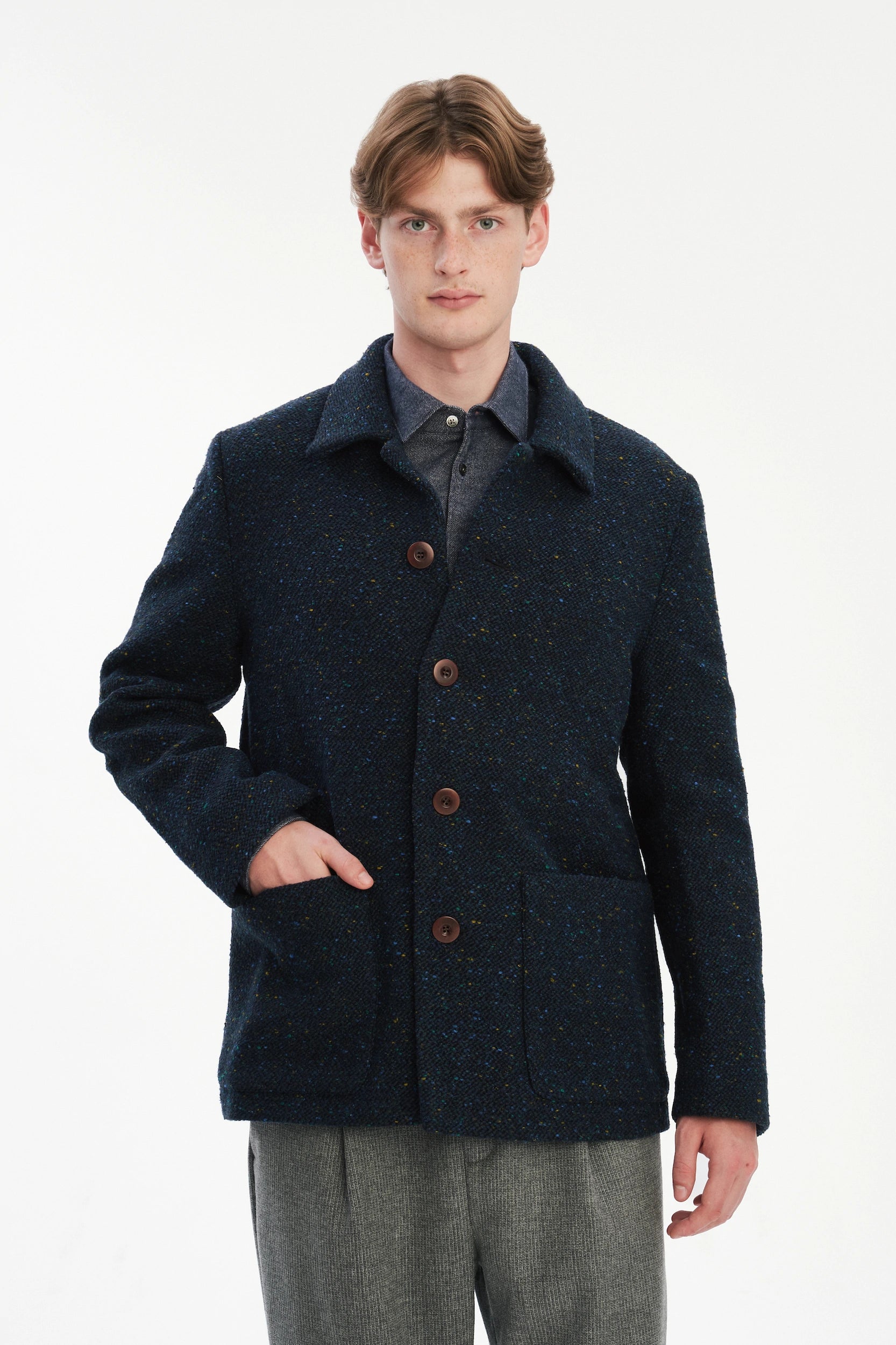 Cool Jacket in a Navy Blue Colourful Spotted Italian Virgin Wool with Recycled Cotton Lining