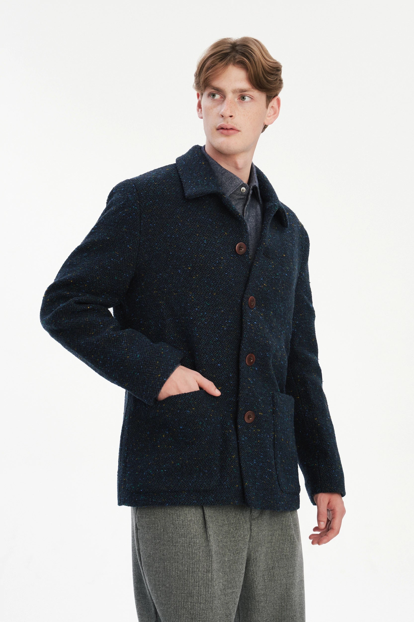 Cool Jacket in a Navy Blue Colourful Spotted Italian Virgin Wool with Recycled Cotton Lining