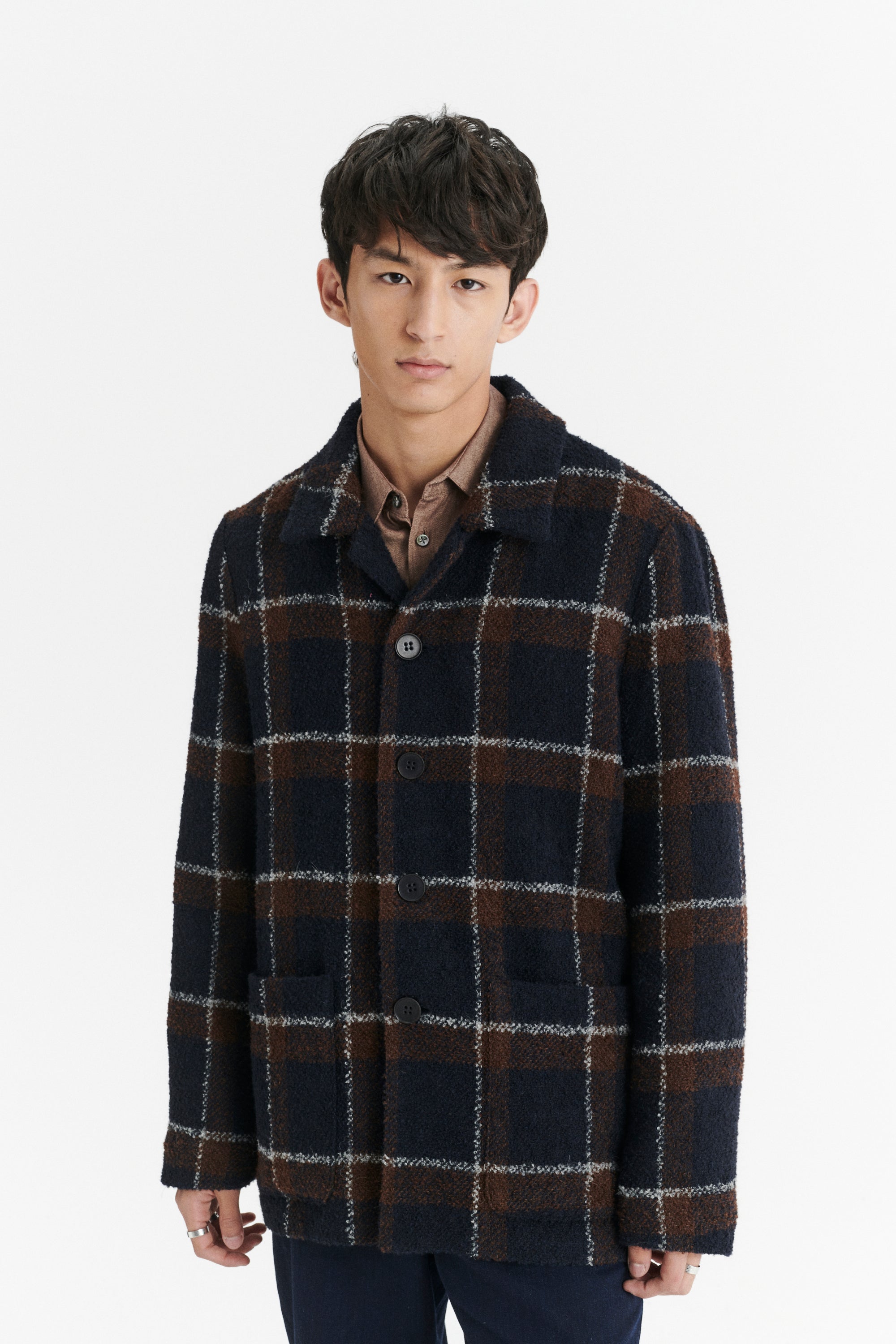 Jacket in a Brown and Navy Chequered Italian Virgin and Alpaca  Bouclé Wool and Meida Thermo Insulation