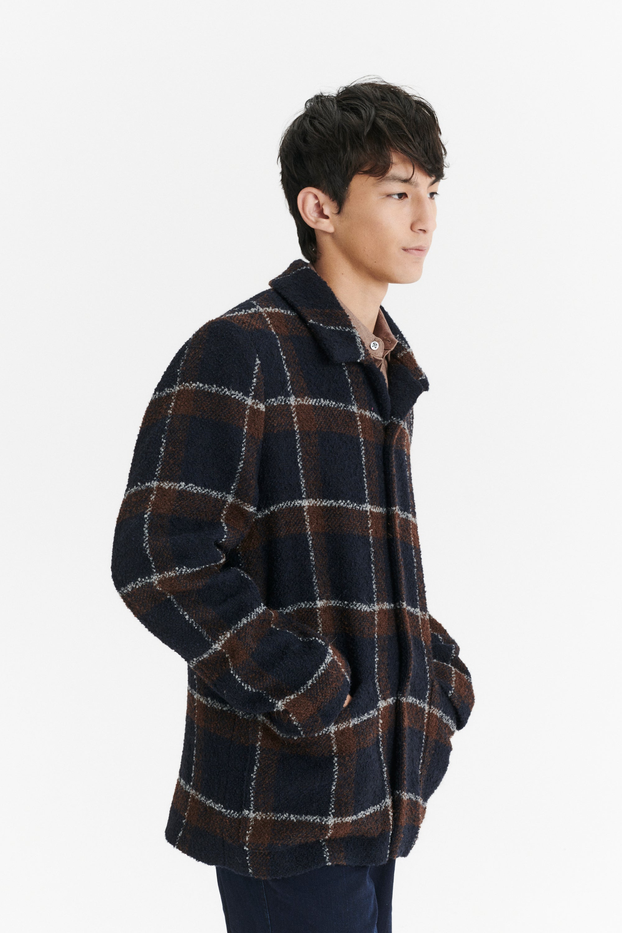 Jacket in a Brown and Navy Chequered Italian Virgin and Alpaca  Bouclé Wool and Meida Thermo Insulation