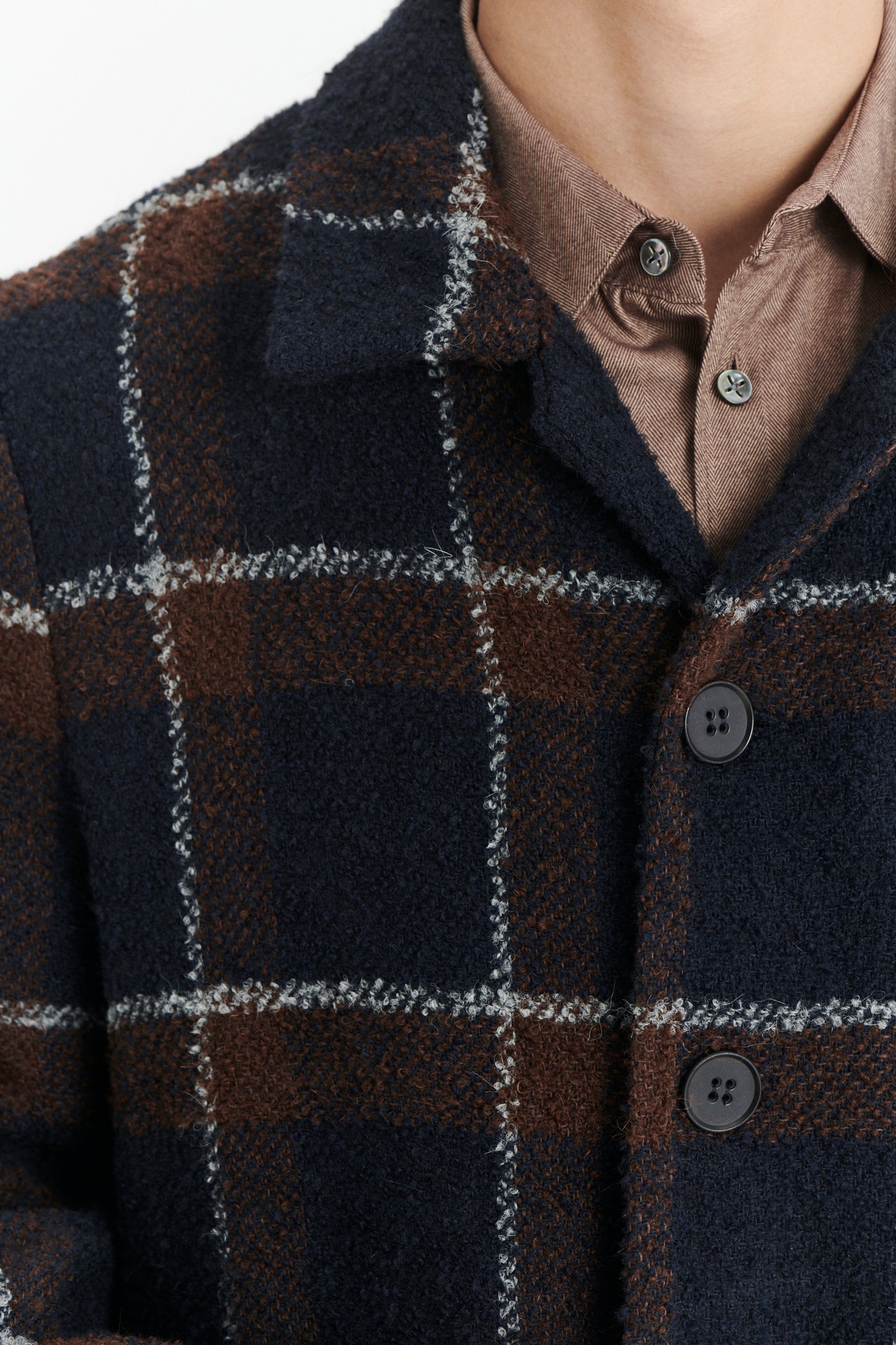 Jacket in a Brown and Navy Chequered Italian Virgin and Alpaca  Bouclé Wool and Meida Thermo Insulation