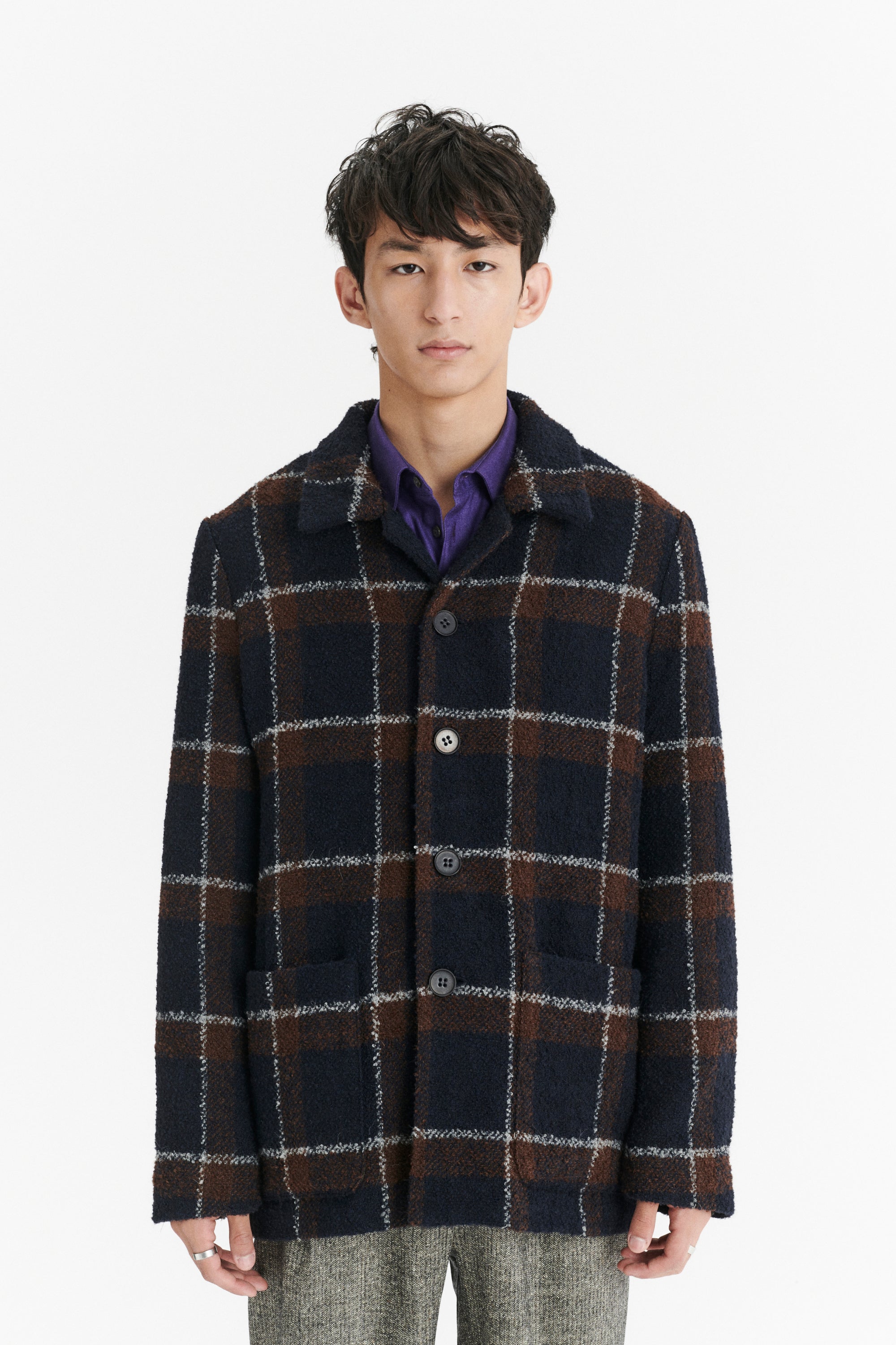 Jacket in a Brown and Navy Chequered Italian Virgin and Alpaca  Bouclé Wool and Meida Thermo Insulation