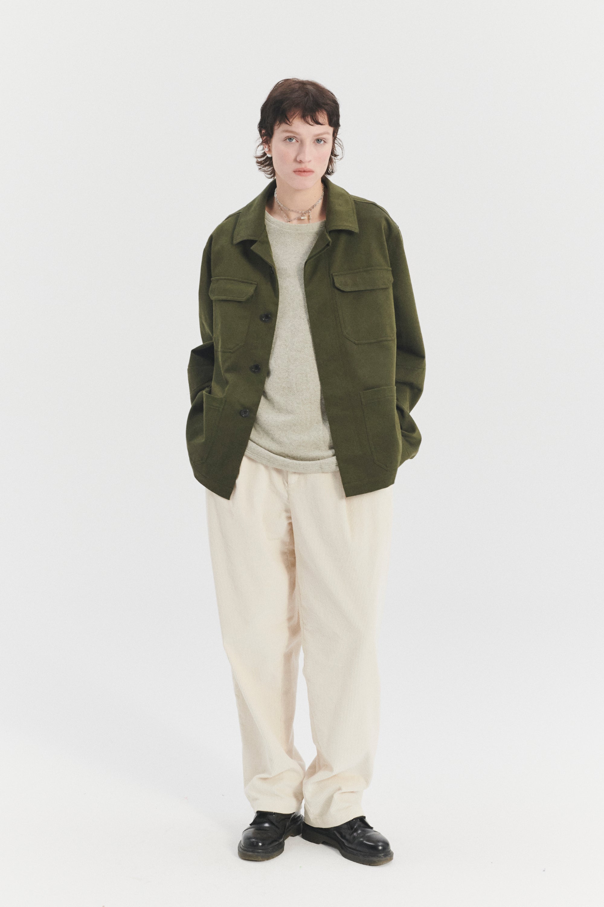 Unisex Workwear Jacket in the Finest Olive Green Italian Cotton and Wool Twill from Subalpino