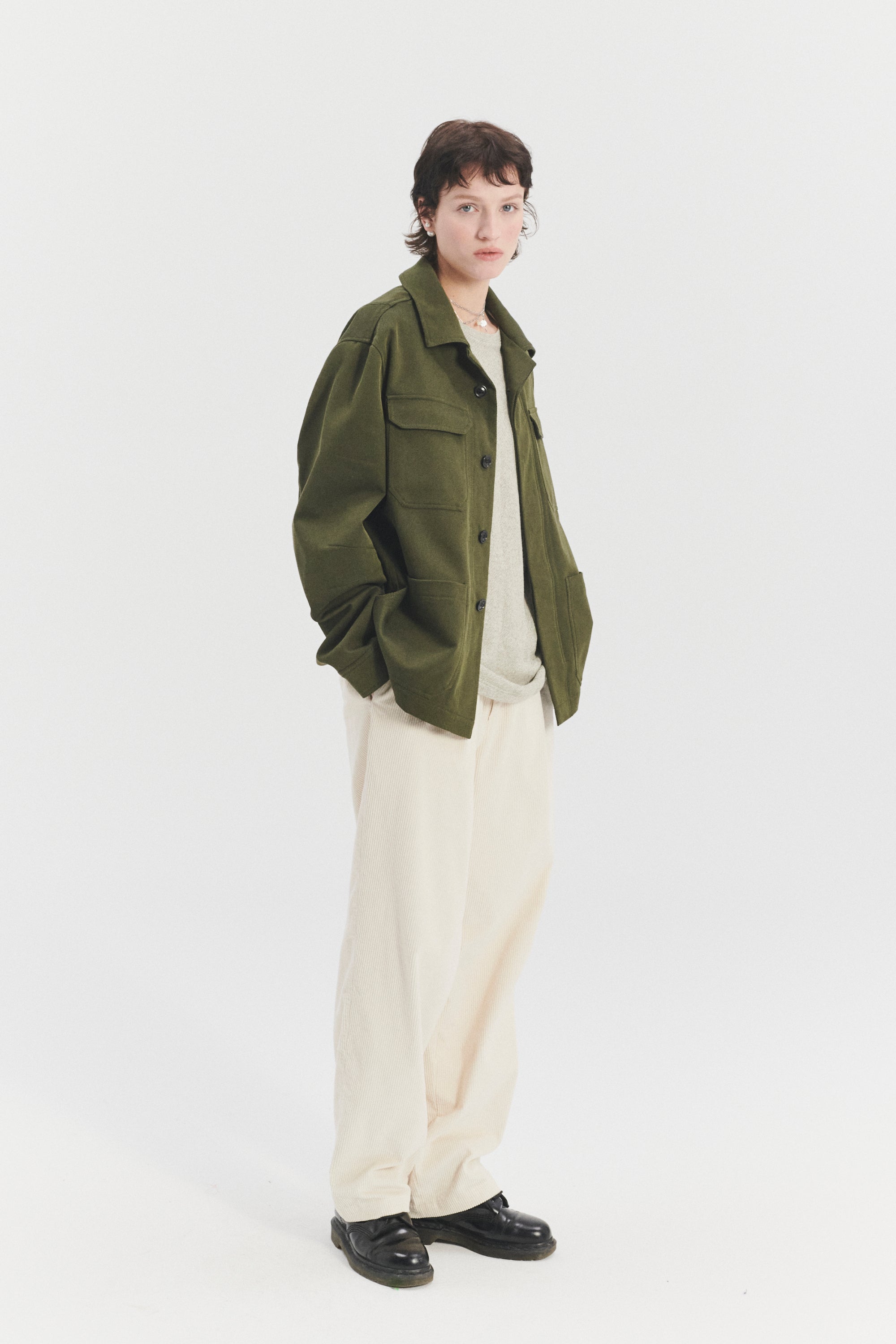 Unisex Workwear Jacket in the Finest Olive Green Italian Cotton and Wool Twill from Subalpino