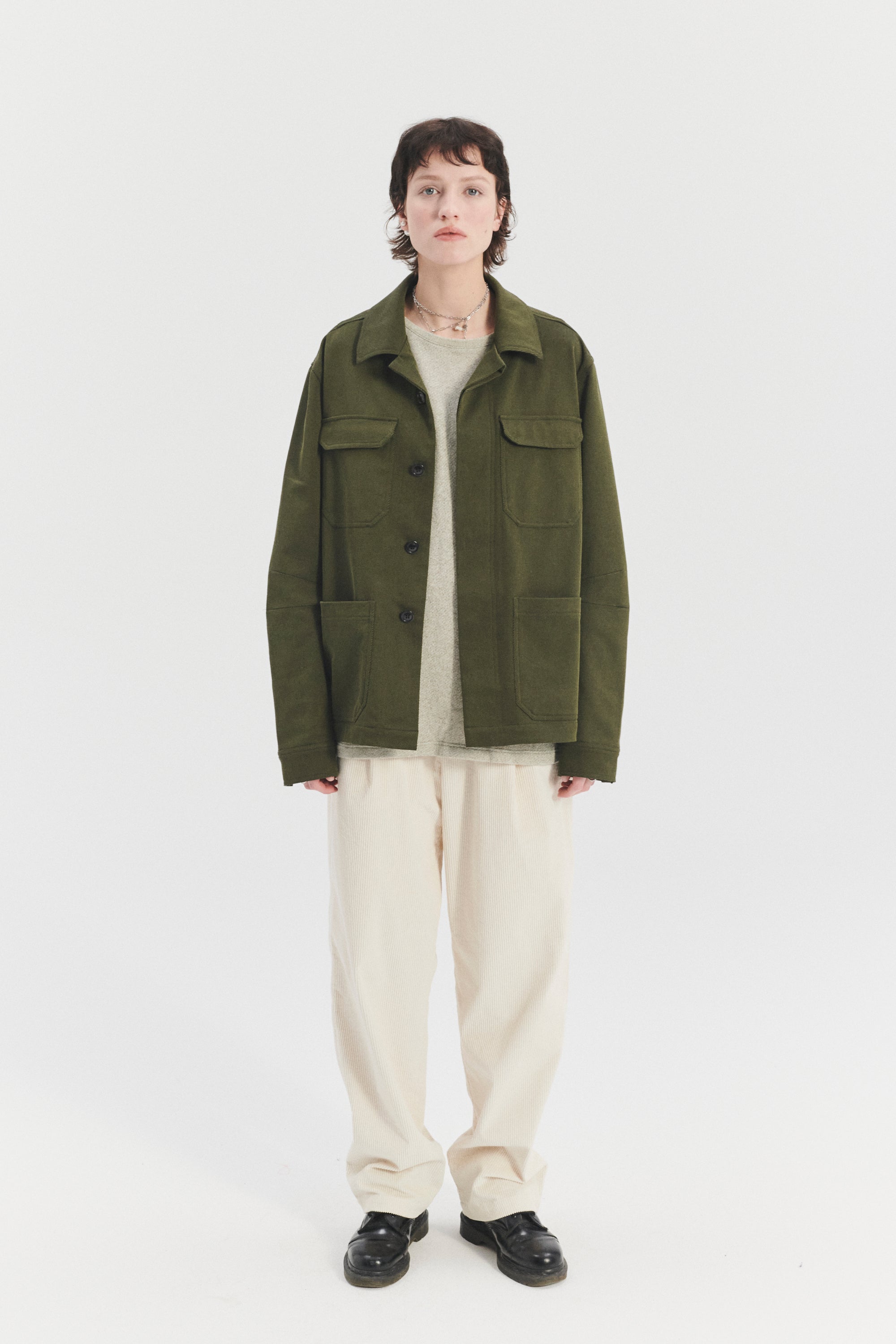 Unisex Workwear Jacket in the Finest Olive Green Italian Cotton and Wool Twill from Subalpino