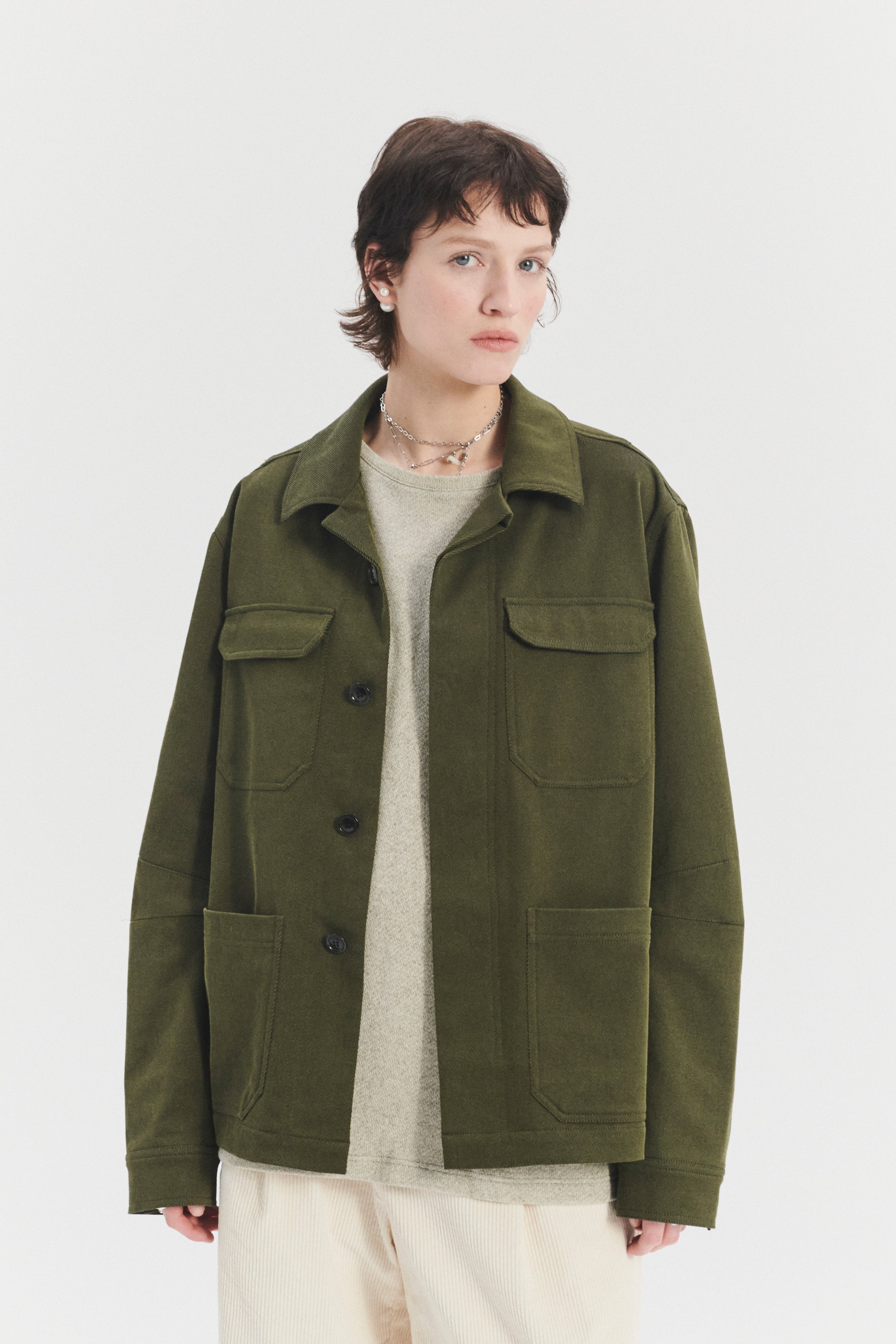 Unisex Workwear Jacket in the Finest Olive Green Italian Cotton and Wool Twill from Subalpino
